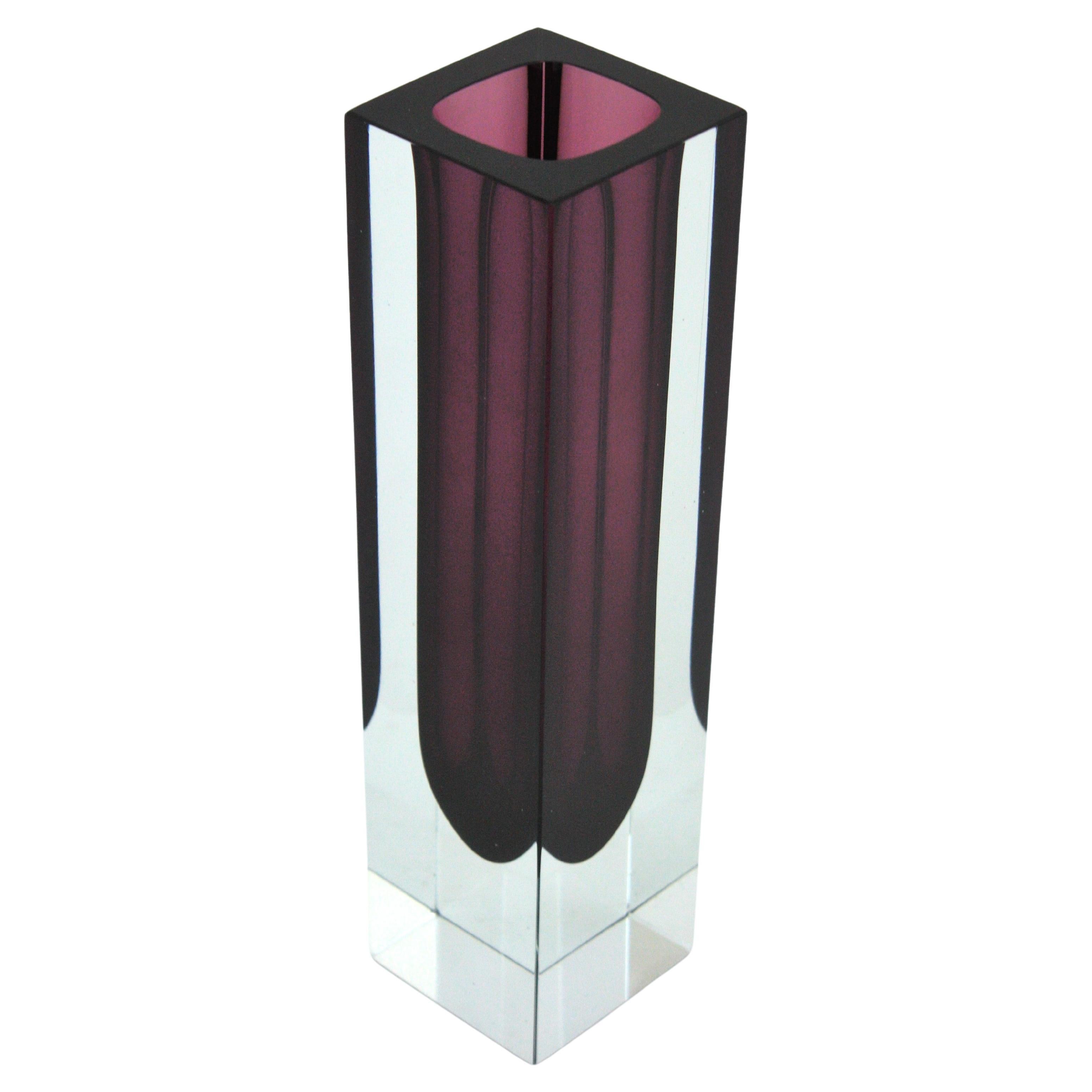 Giant Flavio Poli Murano Sommerso Purple Clear Faceted Art Glass Vase For Sale