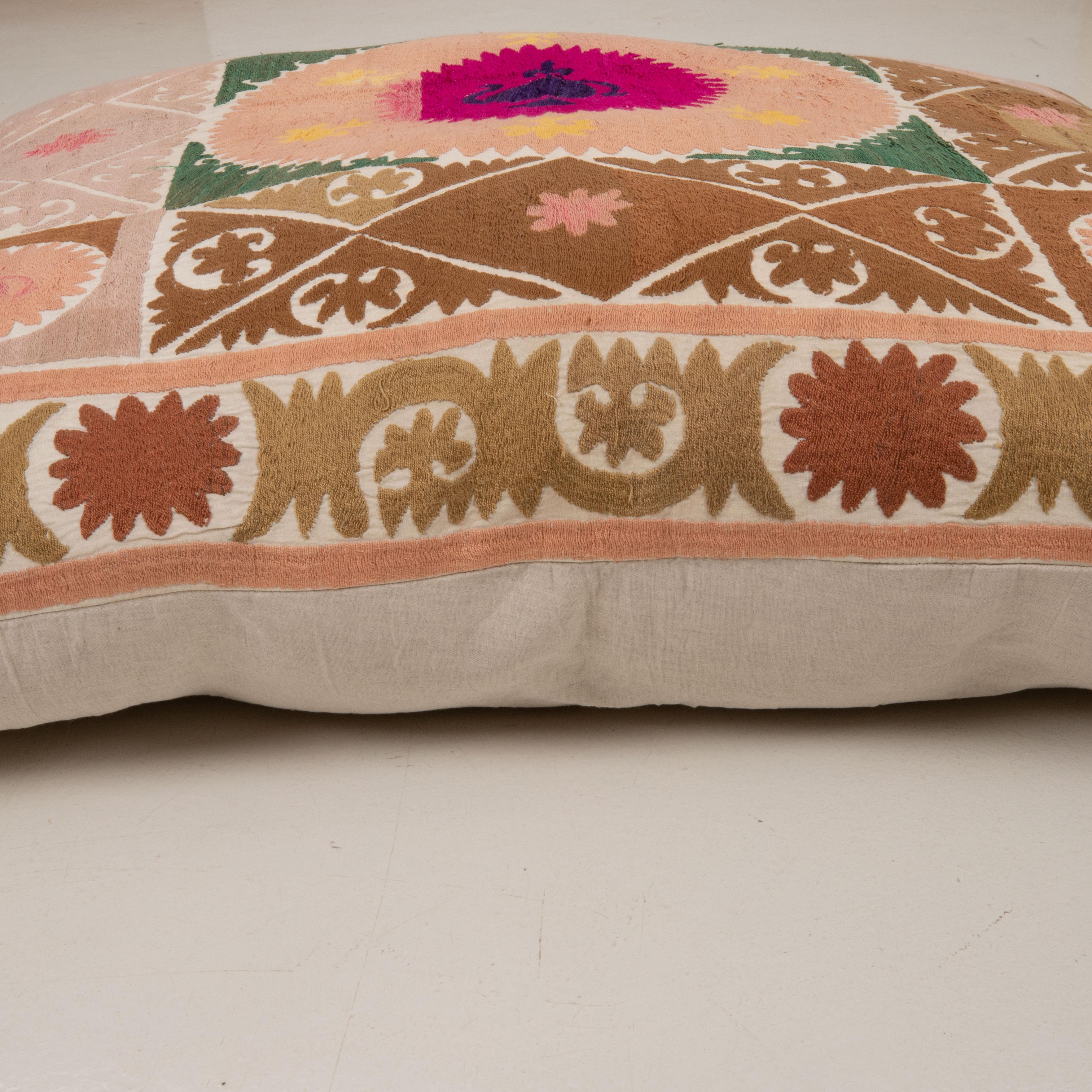 Giant Floor Cushion Made from a Vintage Uzbek Suzani For Sale 5