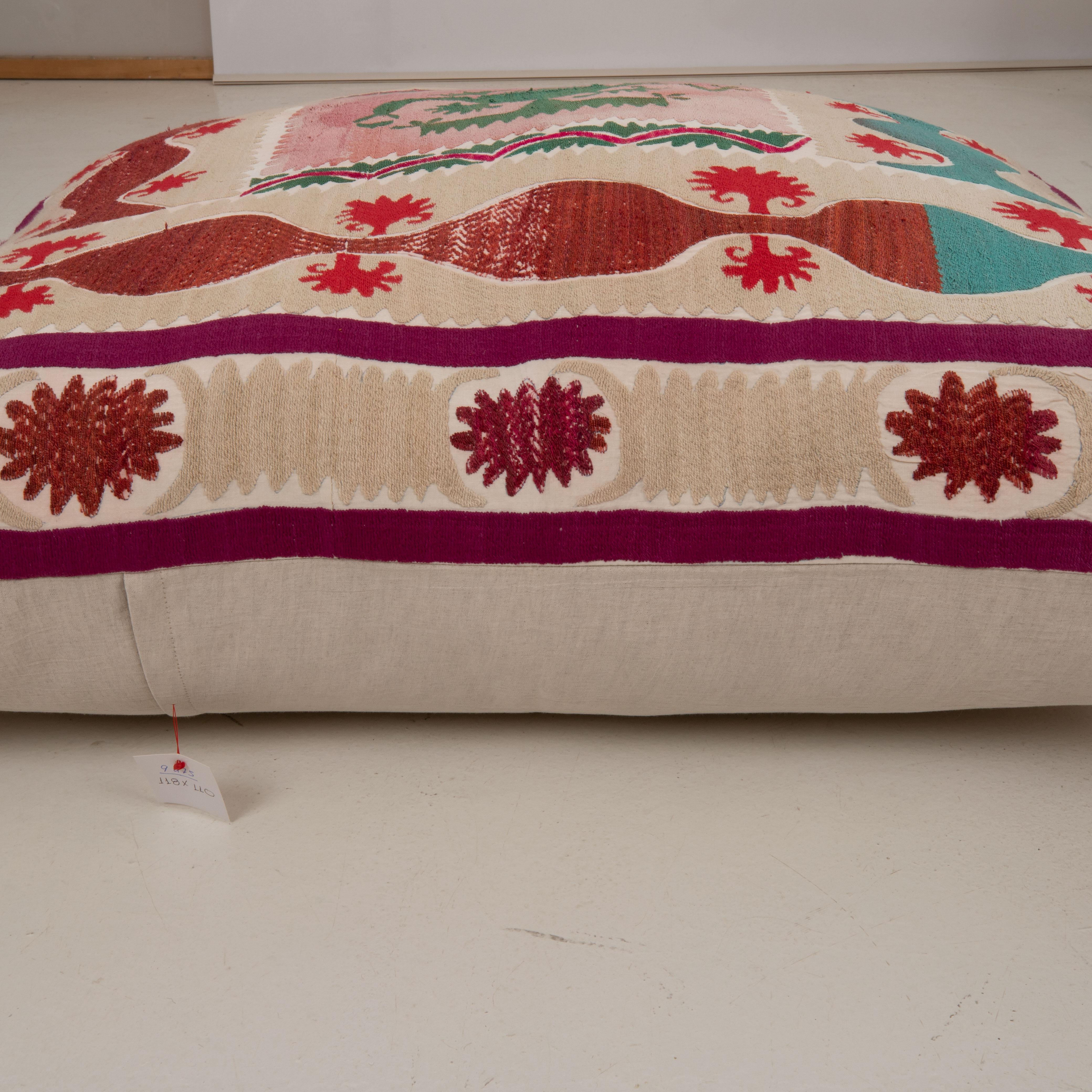 Embroidered Giant Floor Cushion Made from a Vintage Uzbek Suzani For Sale