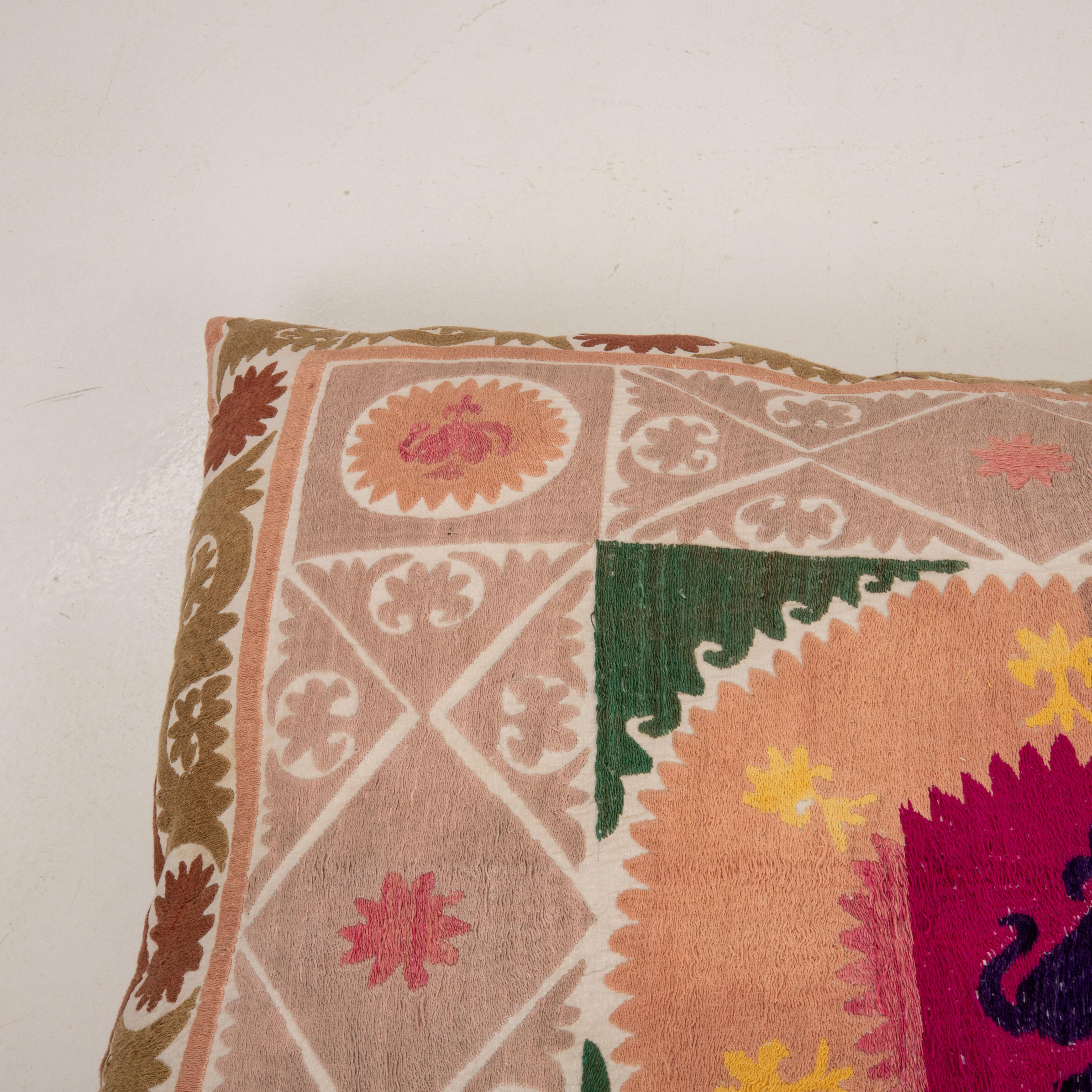 Giant Floor Cushion Made from a Vintage Uzbek Suzani For Sale 3