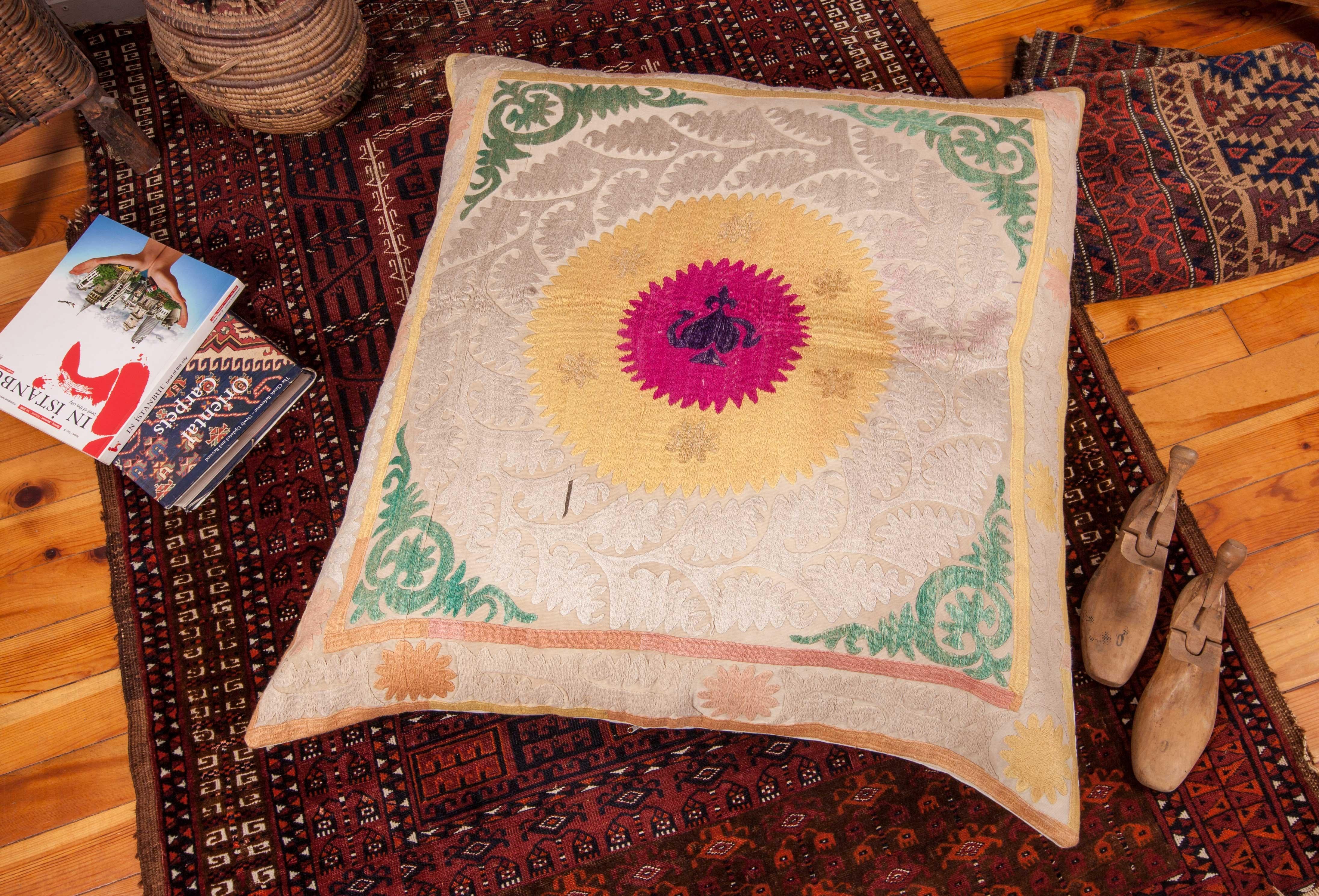 Embroidered Giant Floor Pillow Made from a Traditional Mid-20th Century Samarkand Suzani