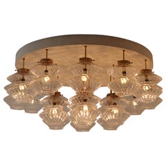 Vintage Giant Flush mount Chandelier with 19 Structured Glass Shades, Praque 1970s