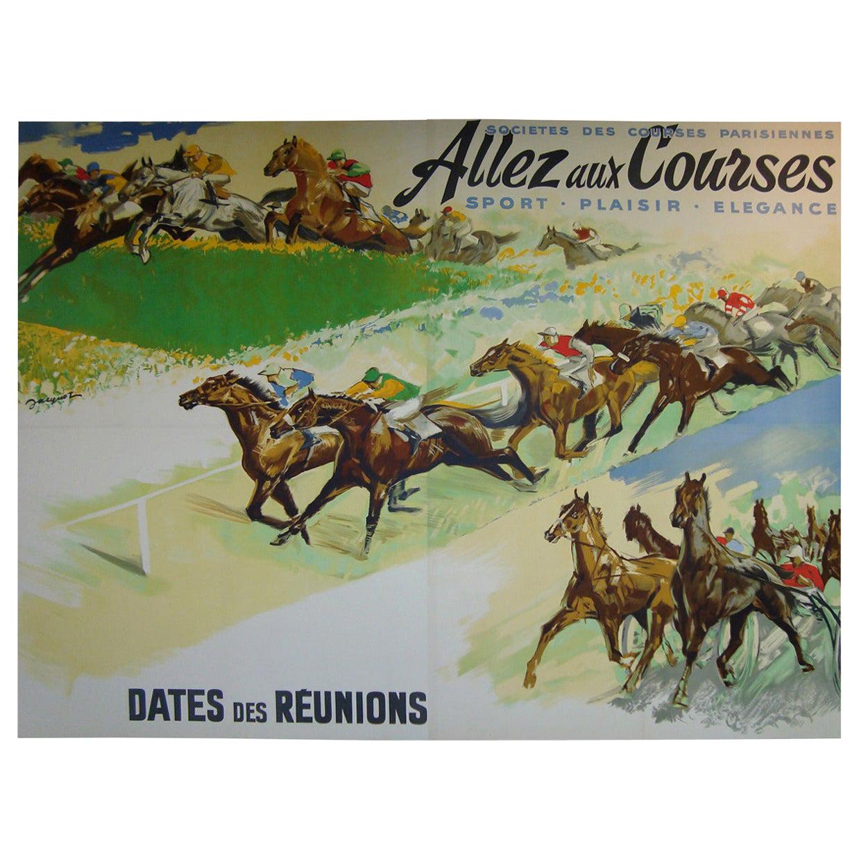 Affiche murale géante de course de chevaux par Jacquot, datant des années 1930 environ en vente