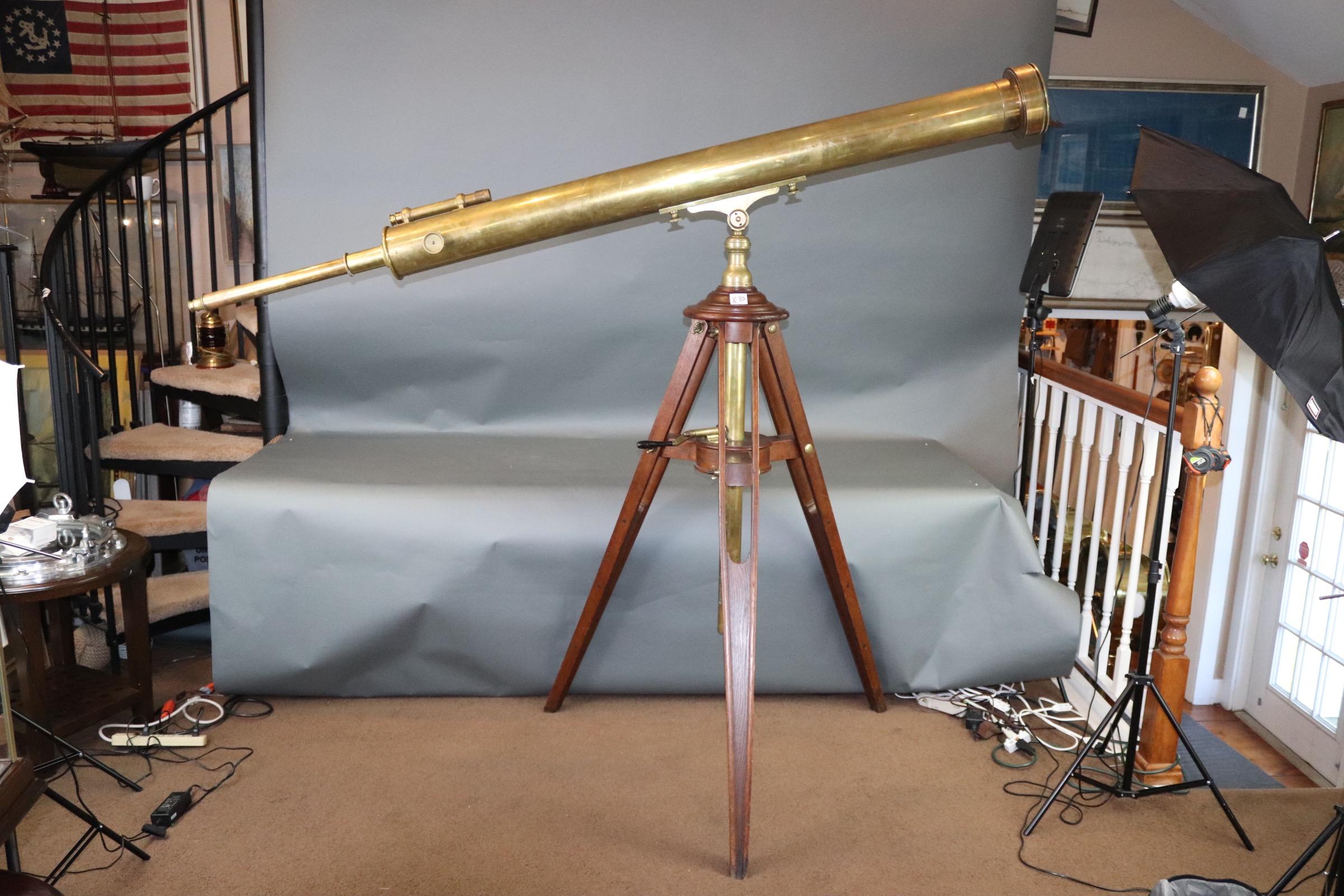 Rare museum deassecssion of a huge celestial telescope on geared tripod by French maker SECRETAN of PARIS. Fitted to a sturdy geared tripod. Weight is 120 pounds.
Measures: Height to a level barrel 70