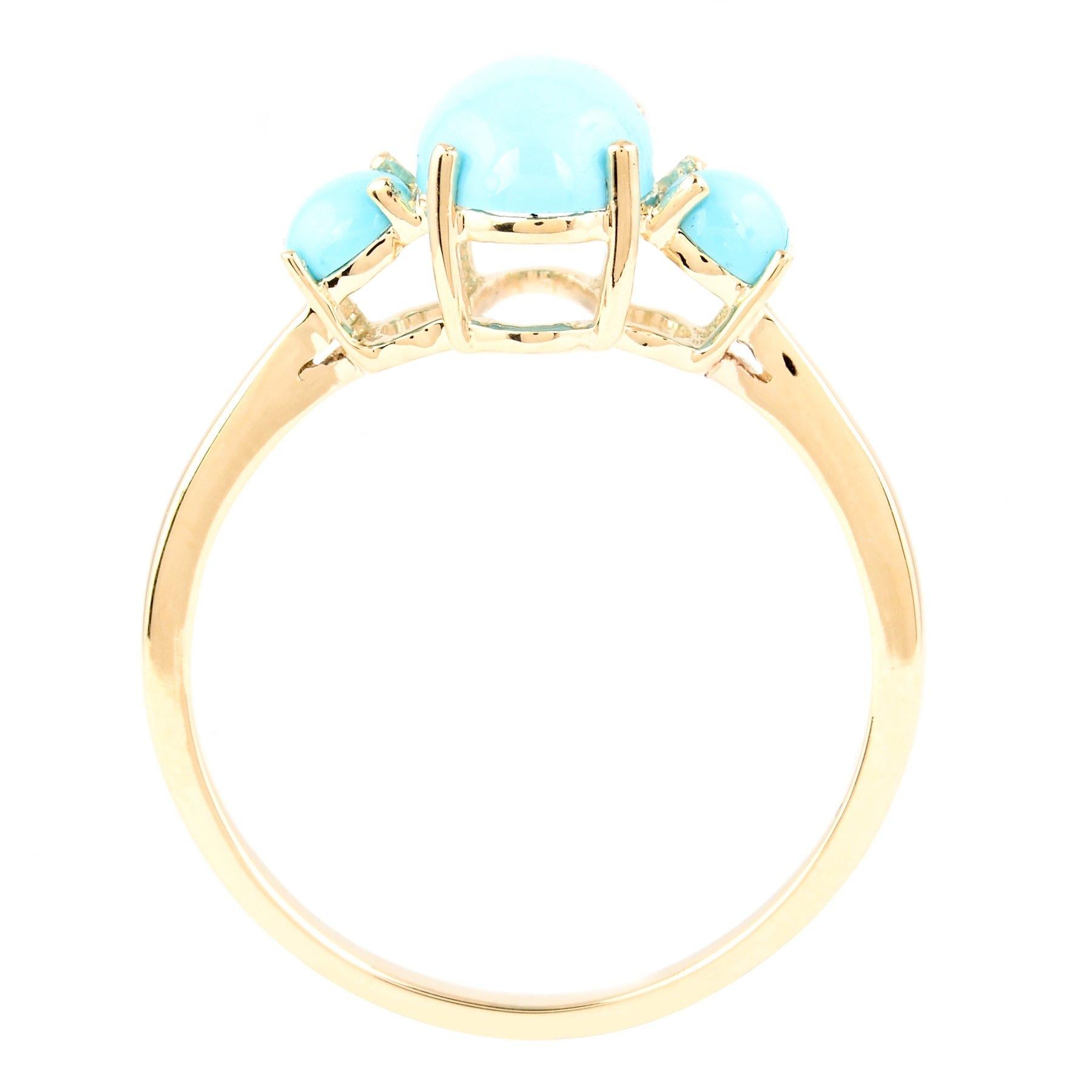 Introducing a stunning 14K Yellow Gold Ring that perfectly captures timeless elegance and vibrant true Persian blue (Robinson eggs) color. This ring features three very rare Natural Sleeping Beauty Turquoise stones, cut in fancy shapes, with a total