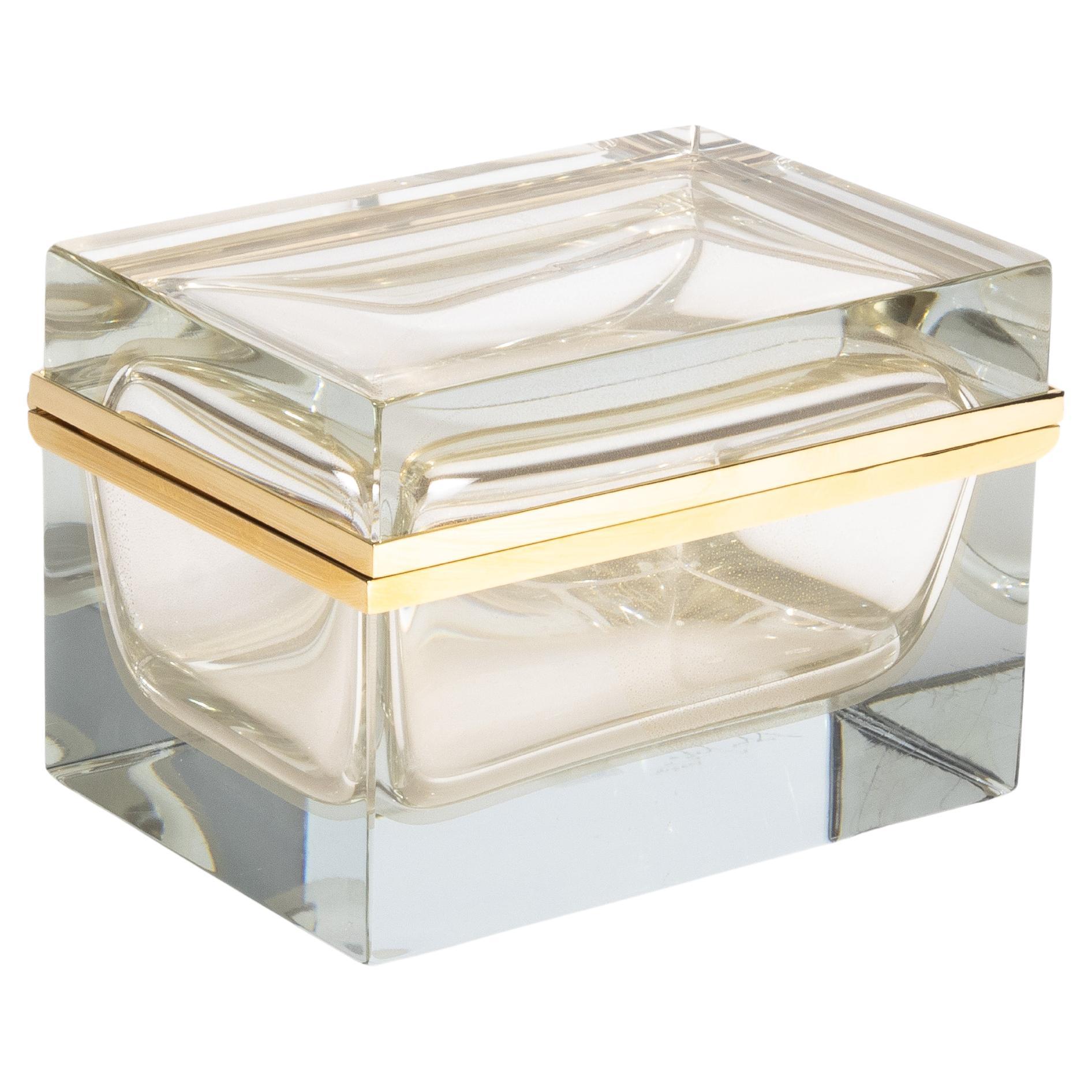 Giant Hand Blown Murano Glass Box in Crystal with 24-Karat Gold Flecks
