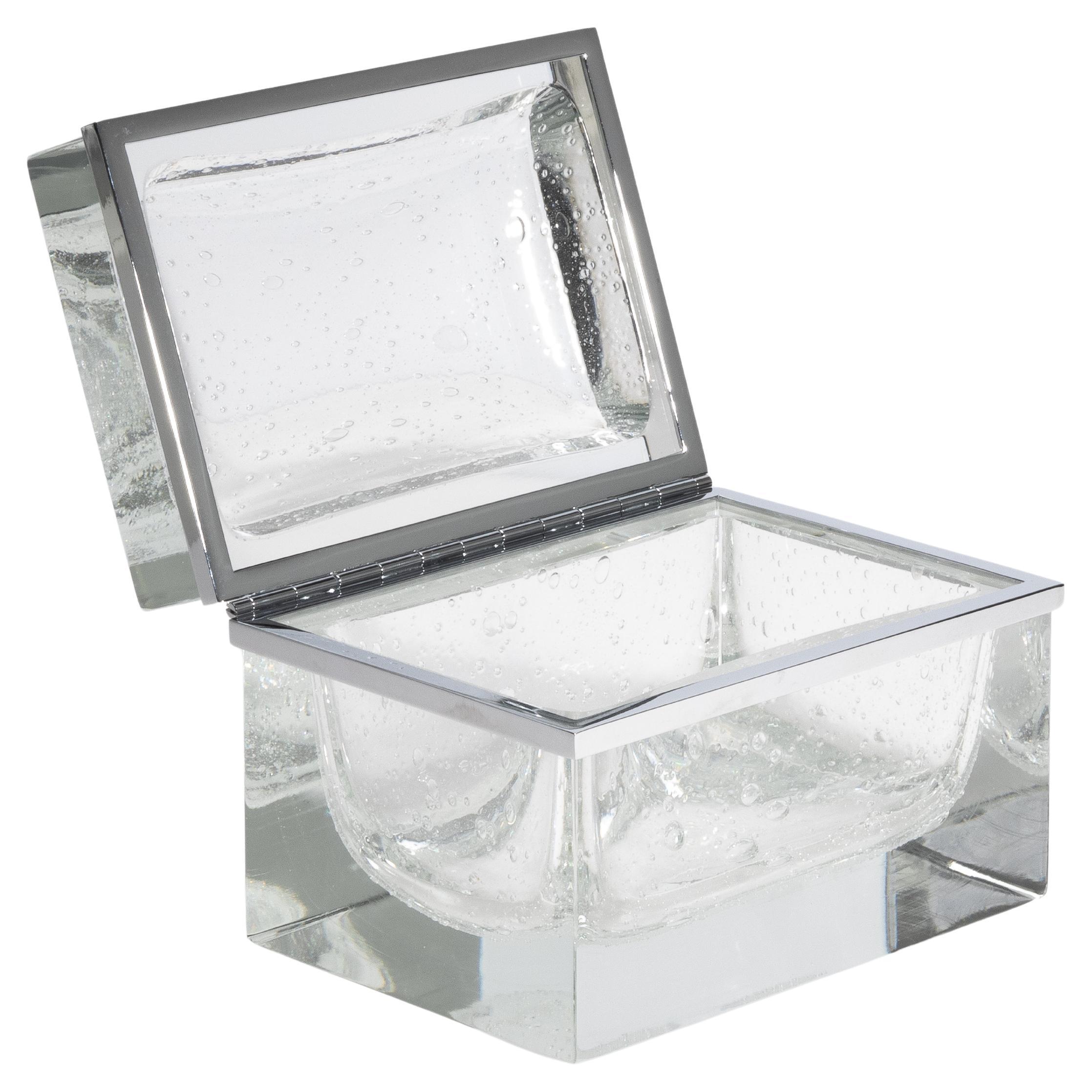 Caja gigante de cristal de Murano soplado a mano en cristal con burbujas y herrajes cromados