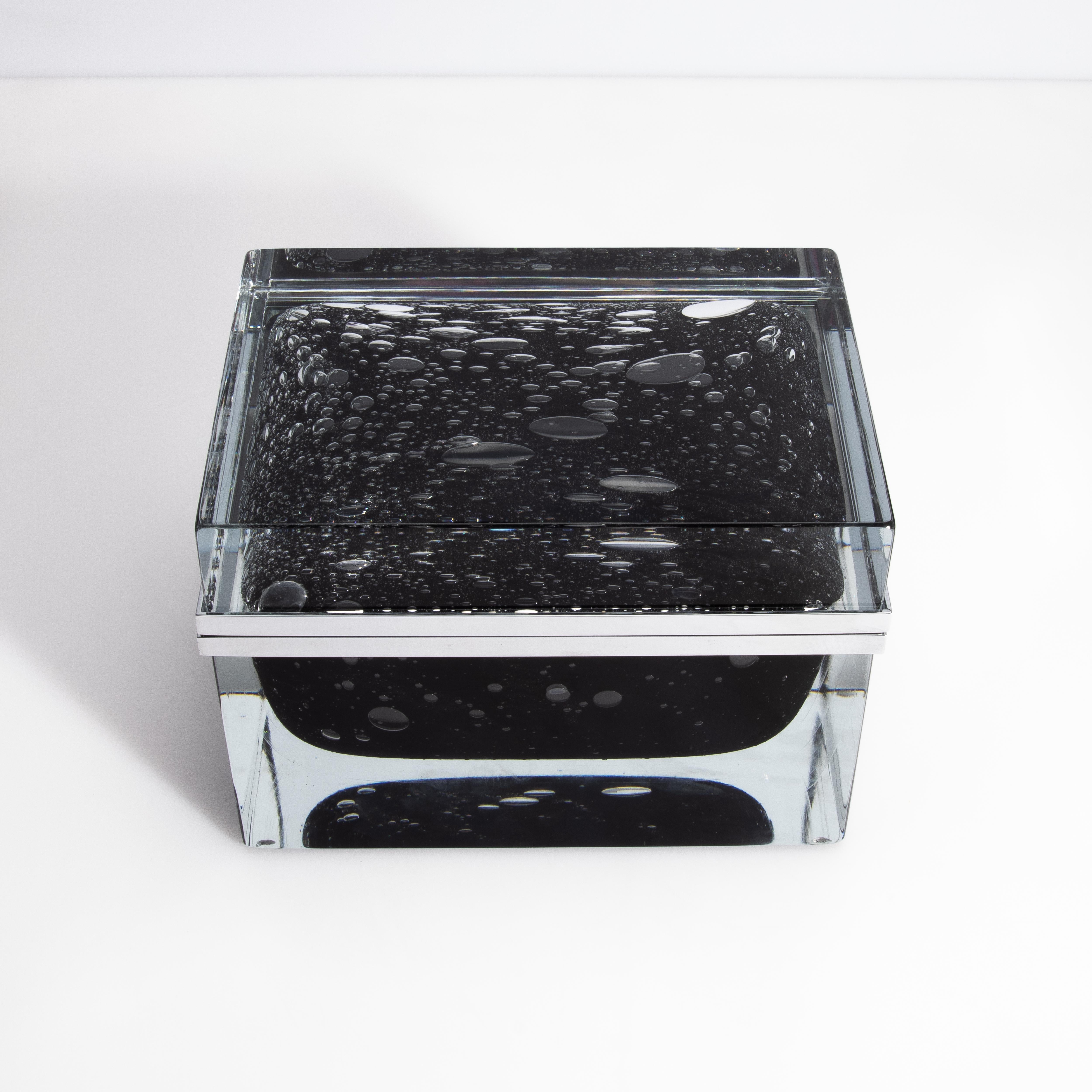 Giant Hand Blown Murano Glass Box in Onyx Black with Bubbles and Chrome Fittings For Sale 3