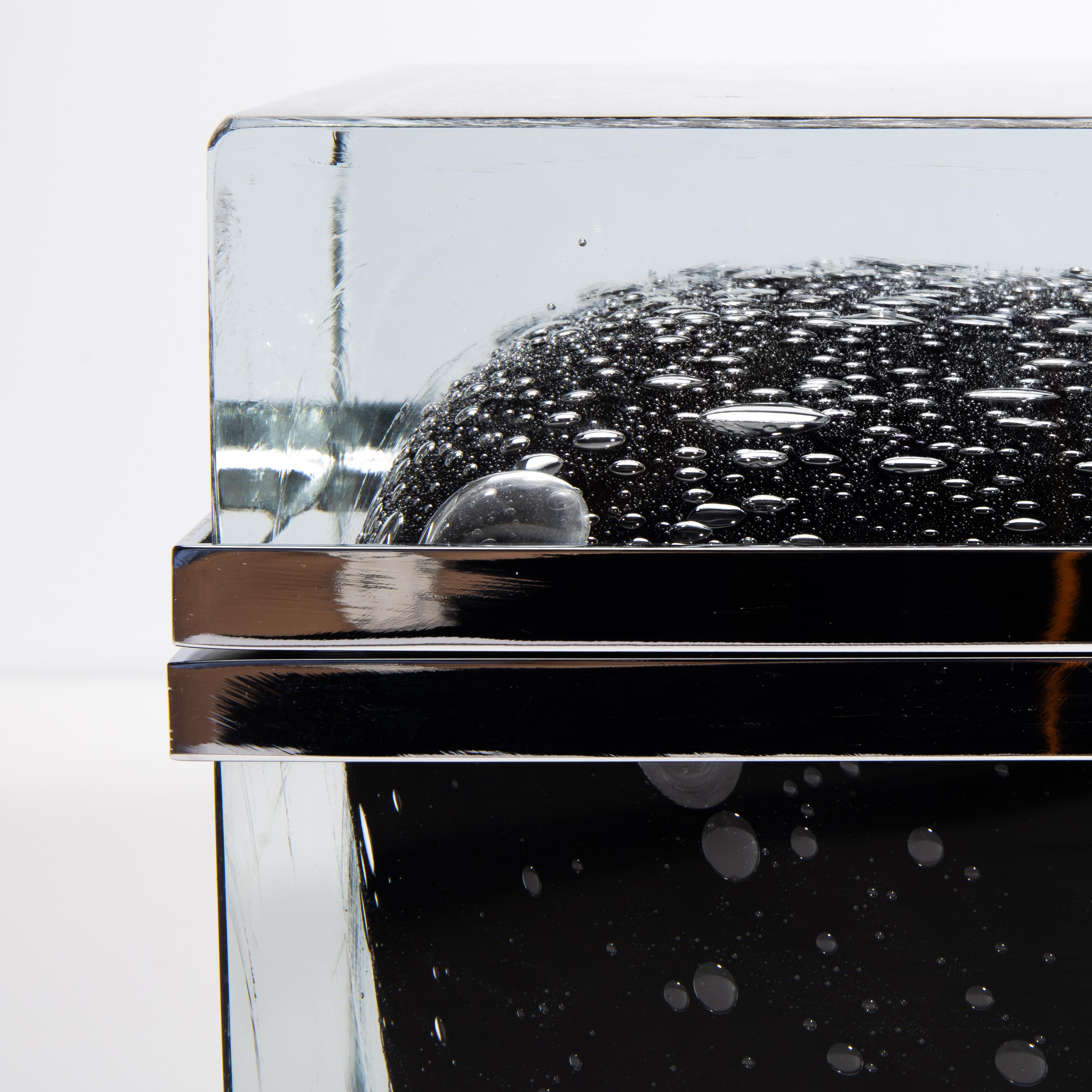 Giant Hand Blown Murano Glass Box in Onyx Black with Bubbles and Chrome Fittings For Sale 4