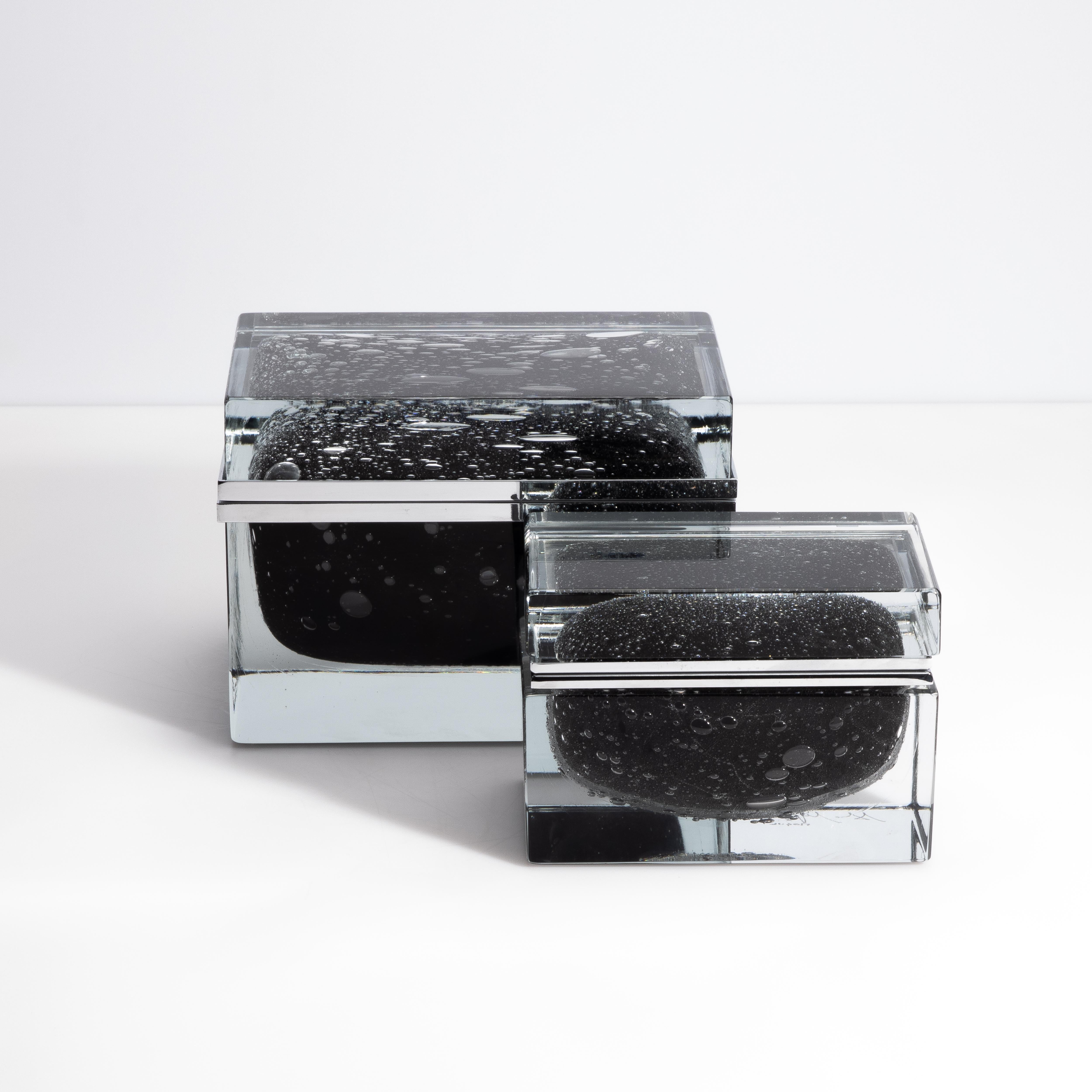 Giant Hand Blown Murano Glass Box in Onyx Black with Bubbles and Chrome Fittings For Sale 5