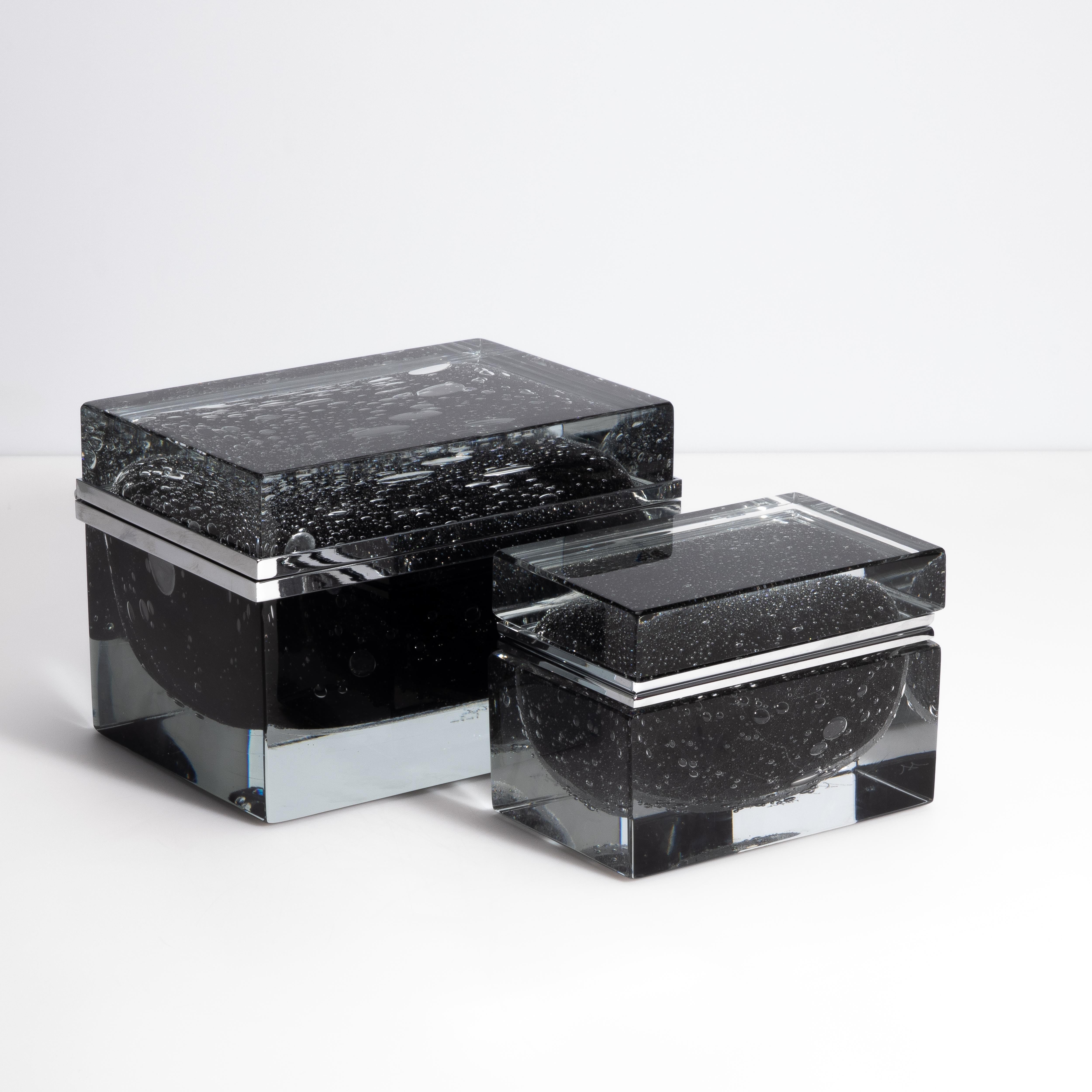 Giant Hand Blown Murano Glass Box in Onyx Black with Bubbles and Chrome Fittings For Sale 6