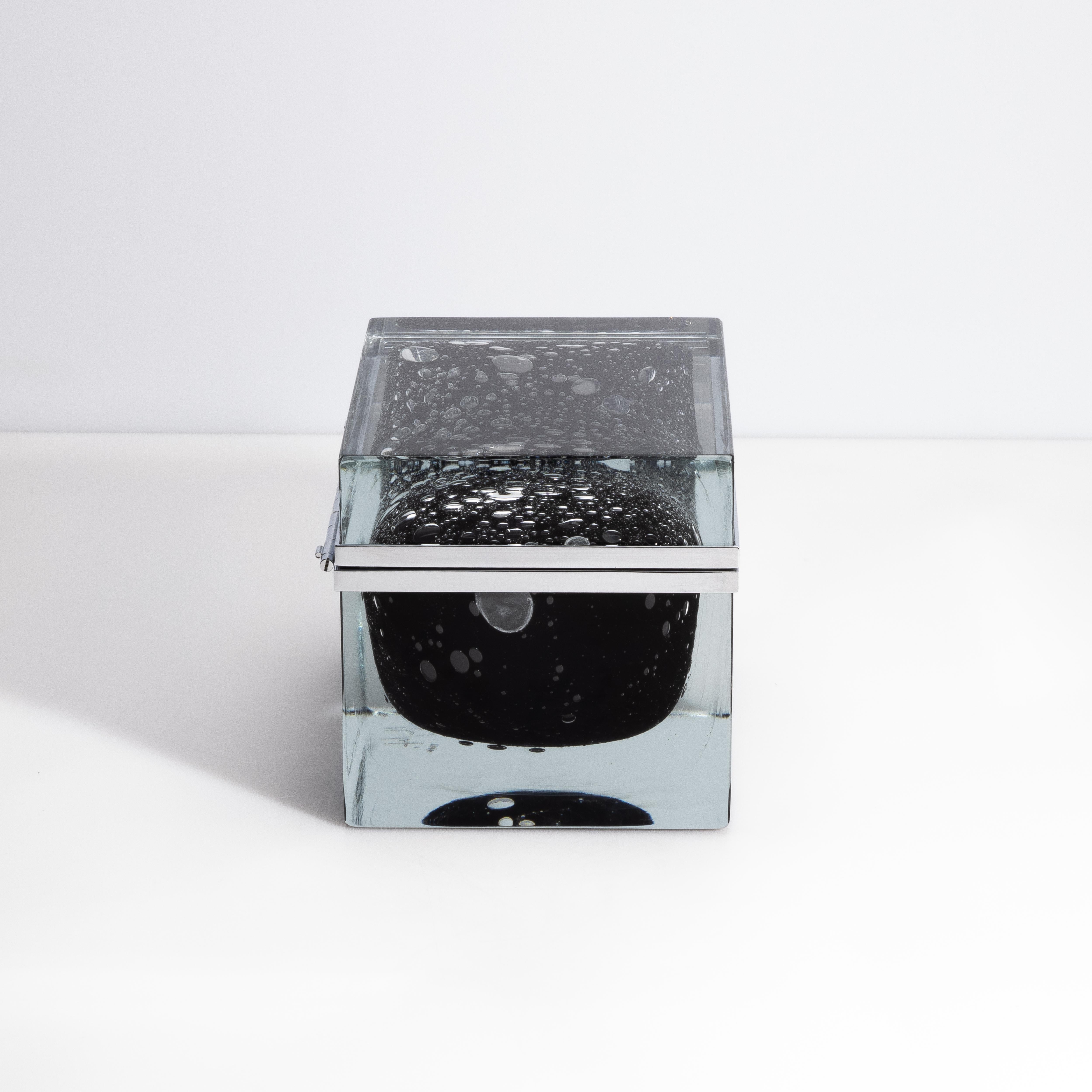 Modern Giant Hand Blown Murano Glass Box in Onyx Black with Bubbles and Chrome Fittings For Sale
