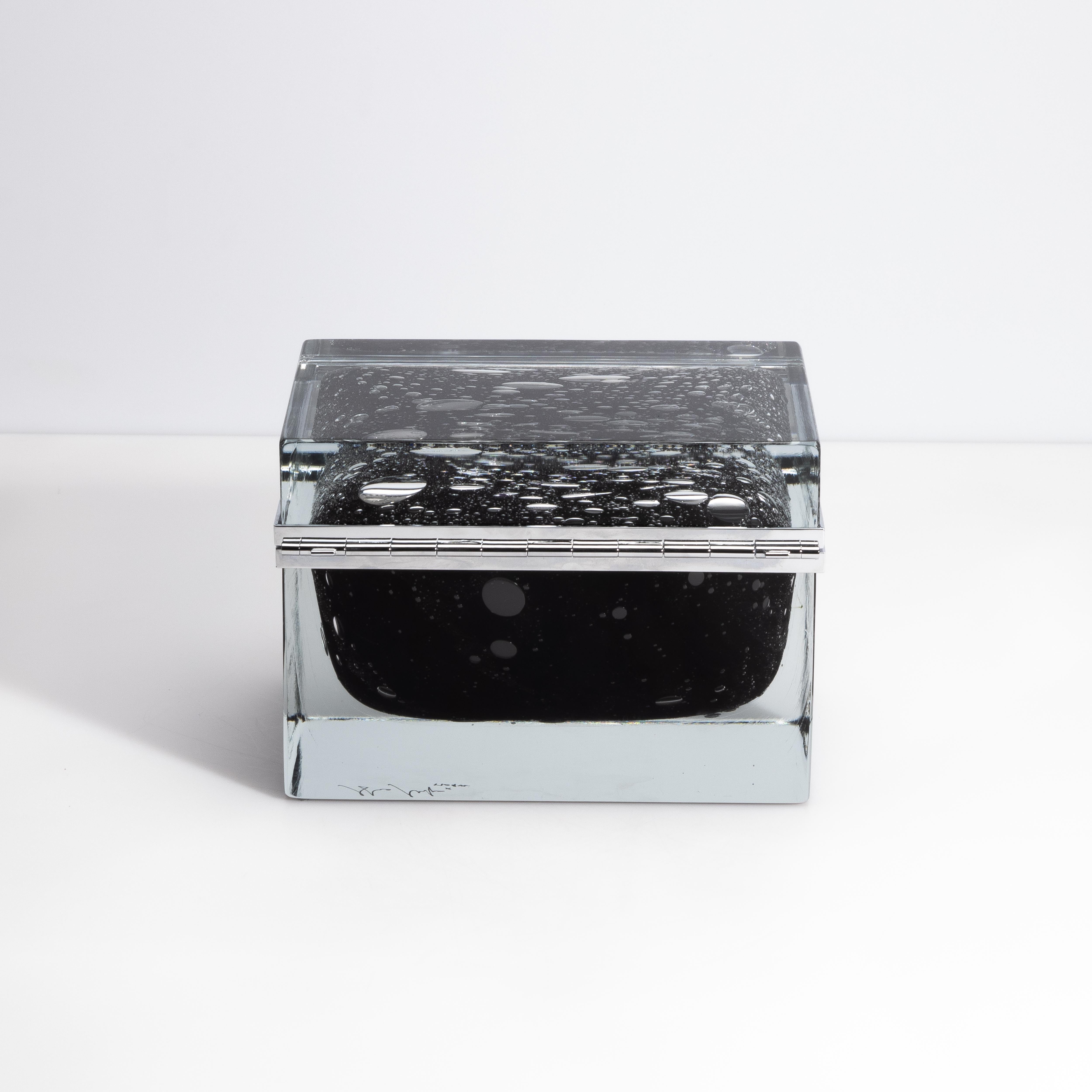 Italian Giant Hand Blown Murano Glass Box in Onyx Black with Bubbles and Chrome Fittings For Sale