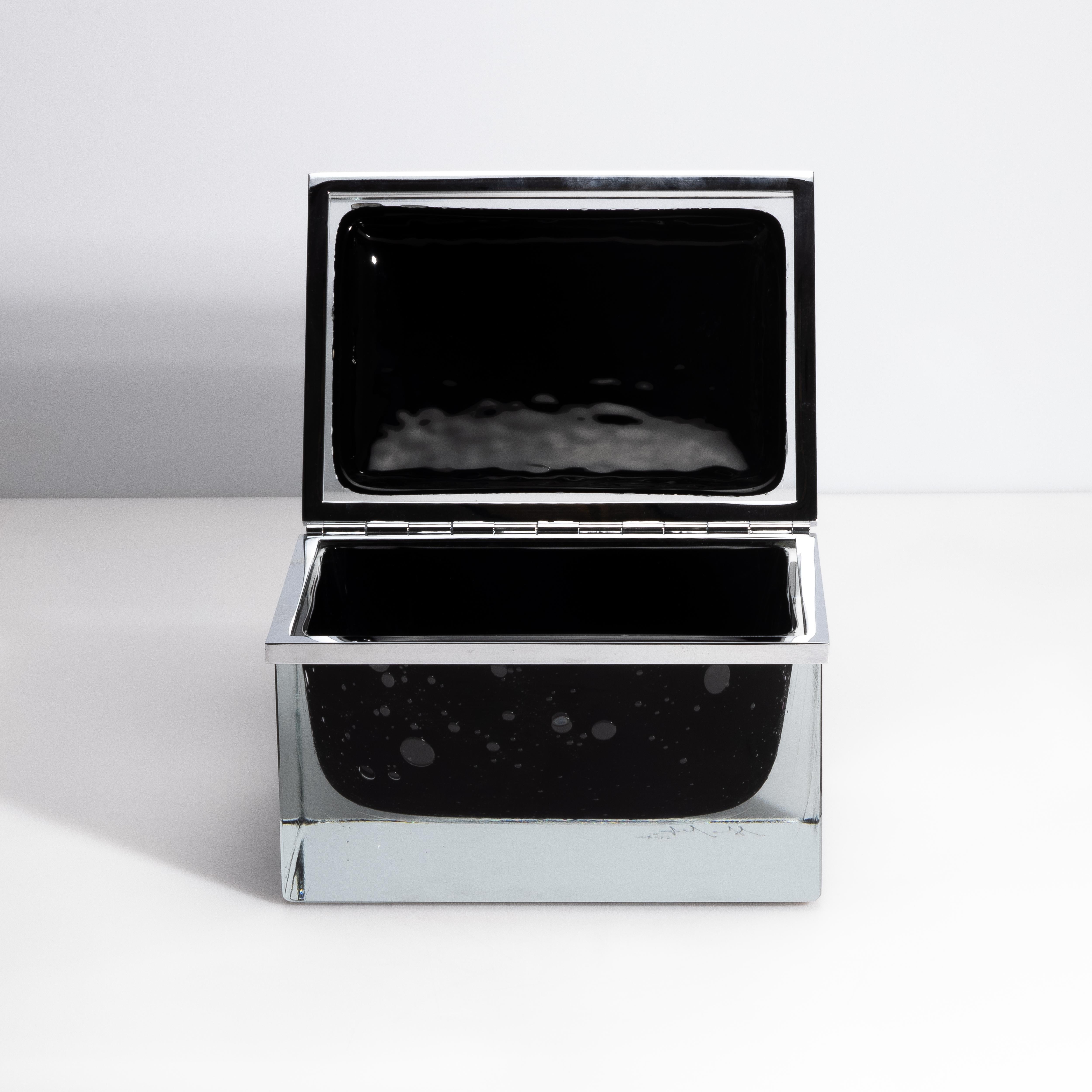 Hand-Crafted Giant Hand Blown Murano Glass Box in Onyx Black with Bubbles and Chrome Fittings For Sale