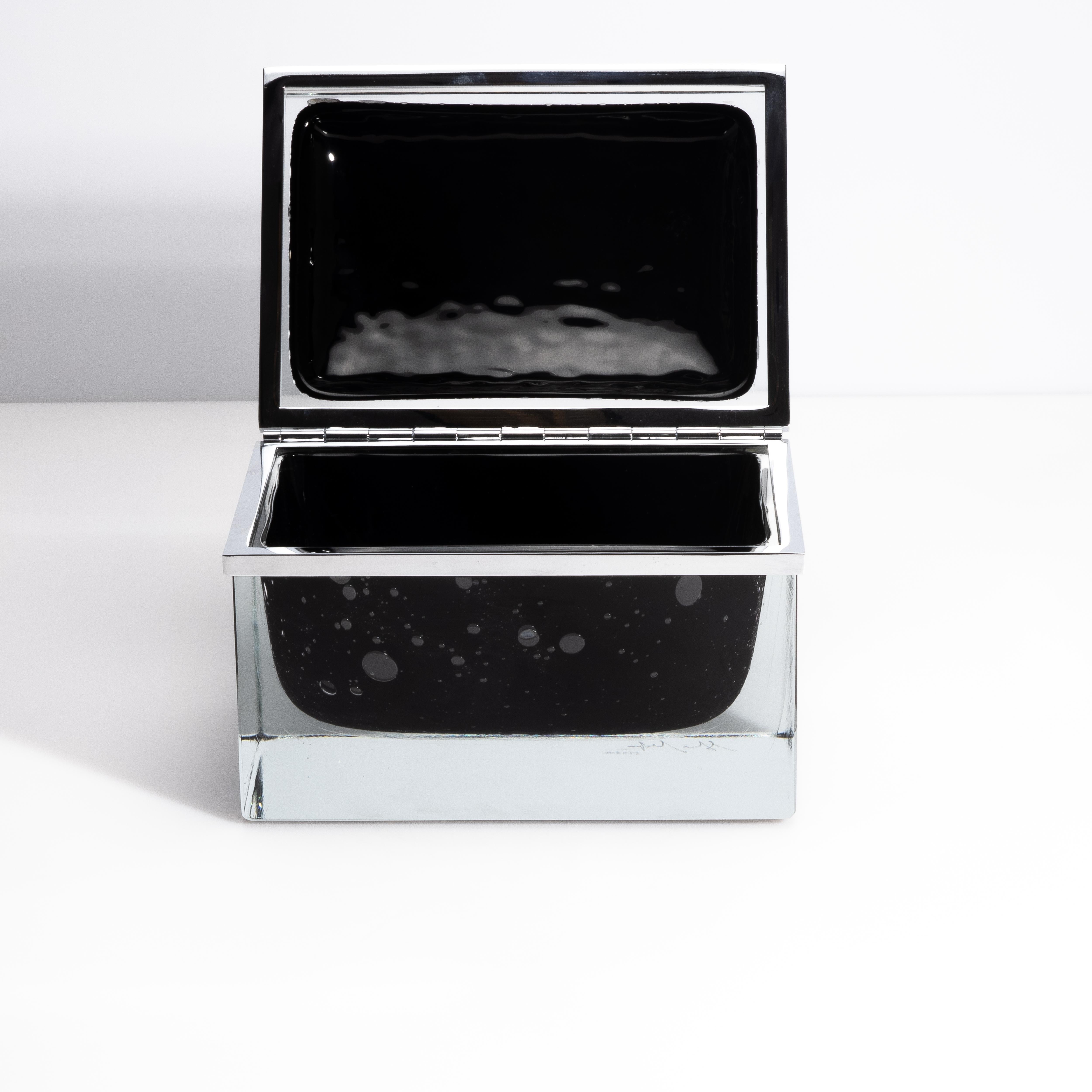 Giant Hand Blown Murano Glass Box in Onyx Black with Bubbles and Chrome Fittings In New Condition For Sale In West Hollywood, CA