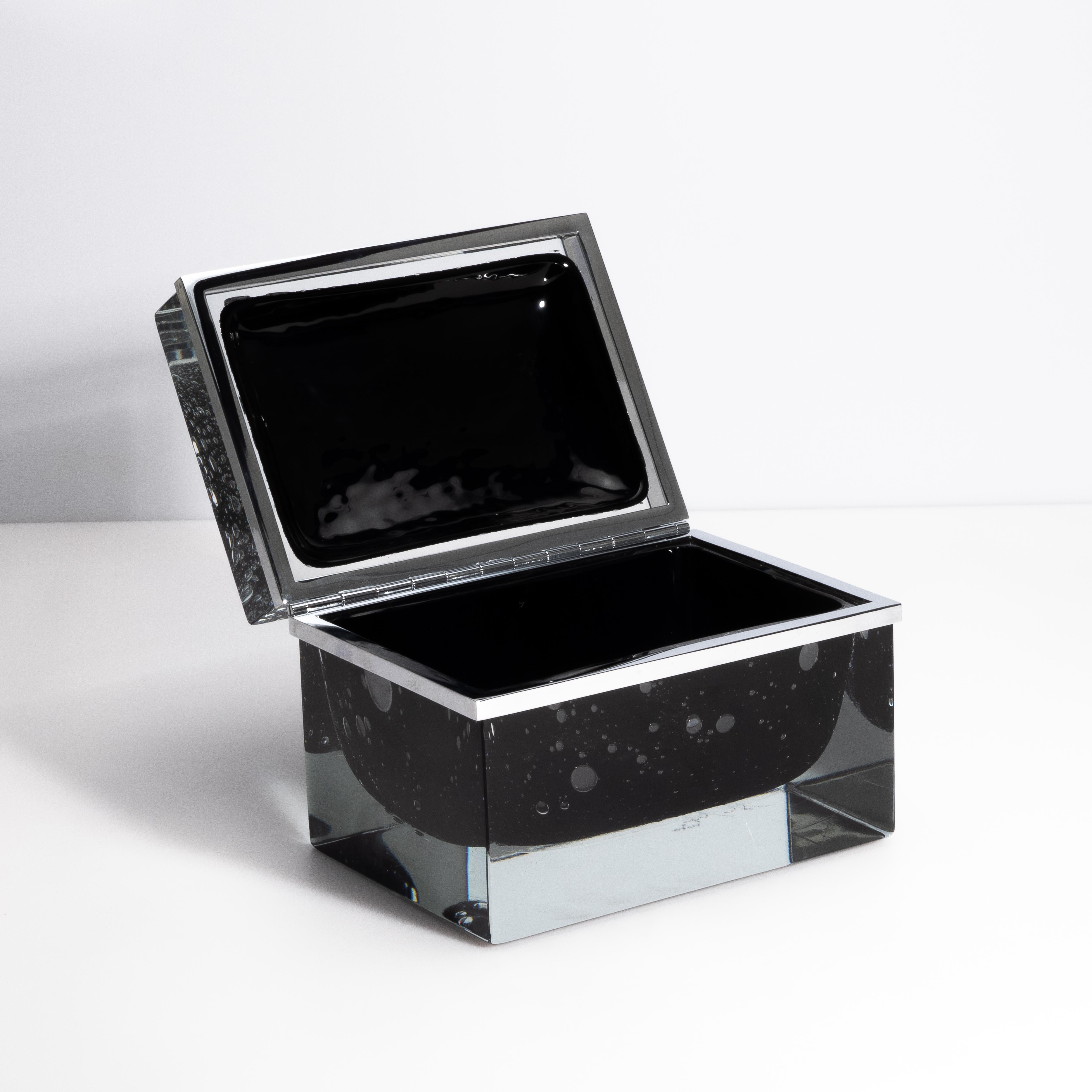 Contemporary Giant Hand Blown Murano Glass Box in Onyx Black with Bubbles and Chrome Fittings For Sale