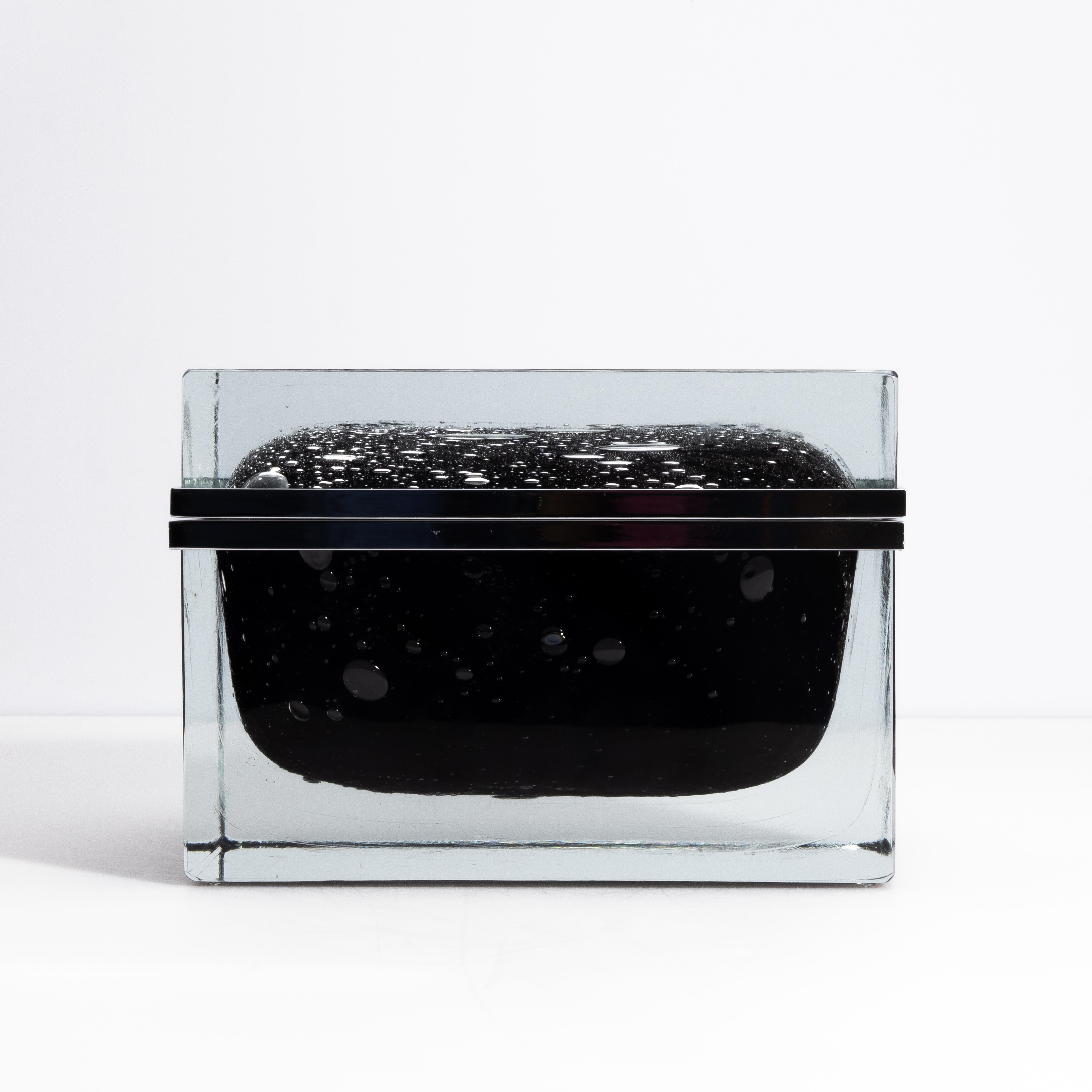 Giant Hand Blown Murano Glass Box in Onyx Black with Bubbles and Chrome Fittings For Sale 1