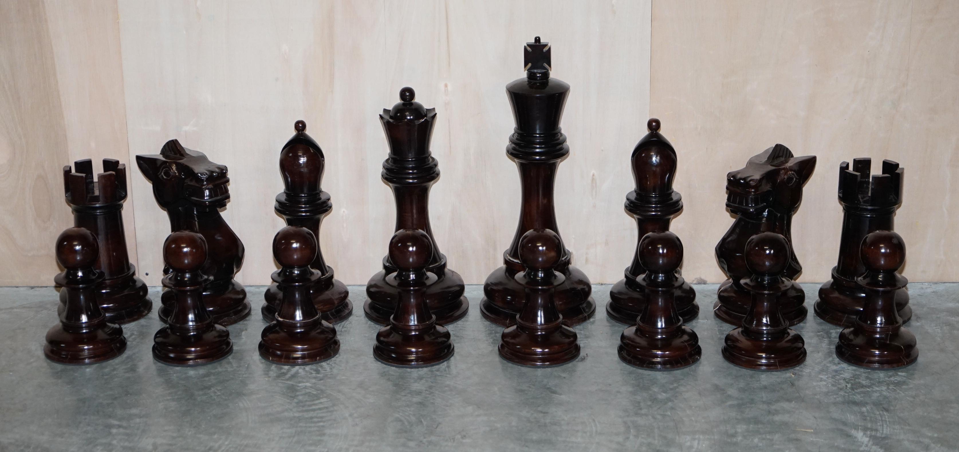 Giant Hand Carved Wood Chess Set Tallest Piece Beautiful Timber Patina 3