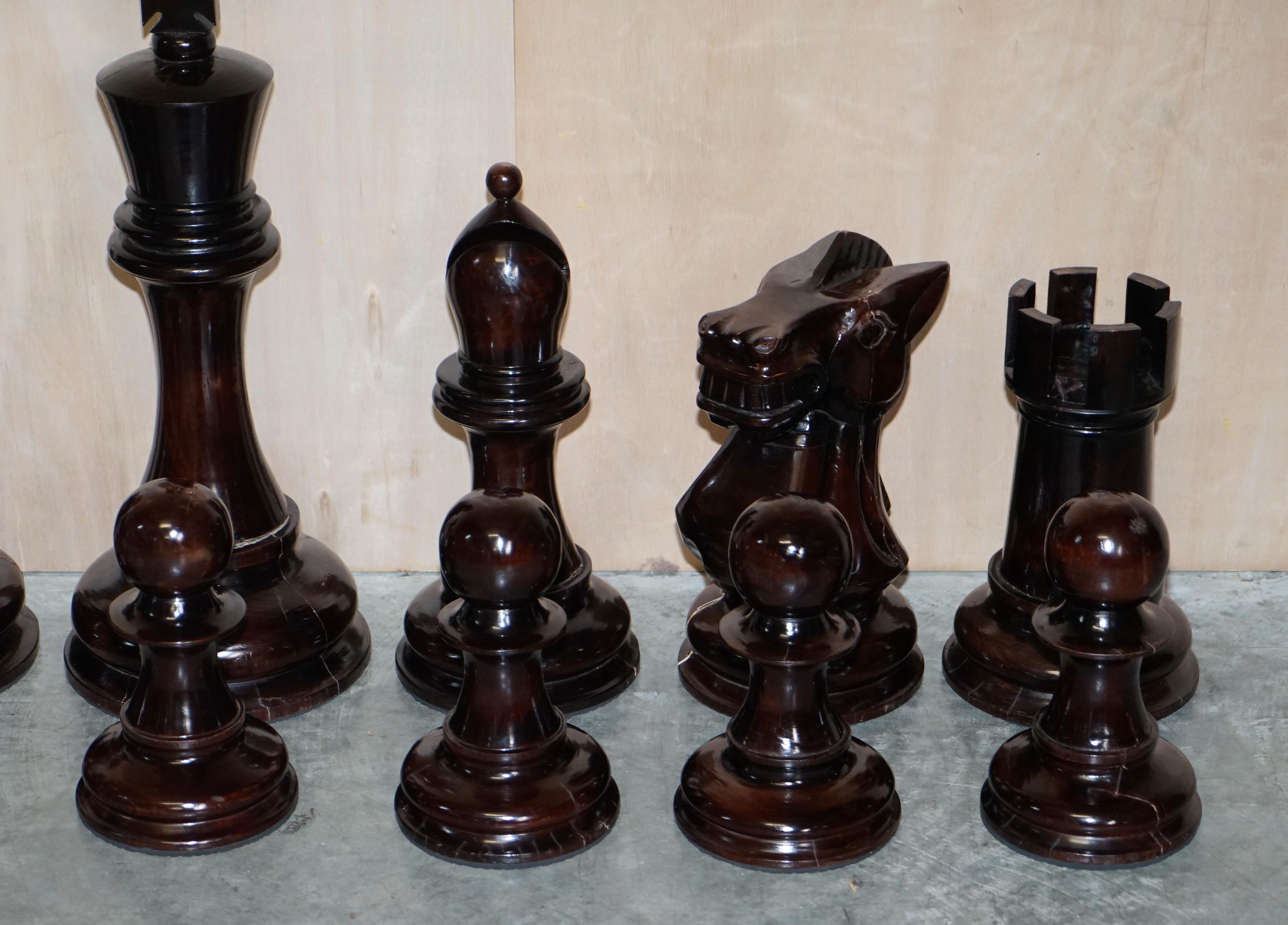 Giant Hand Carved Wood Chess Set Tallest Piece Beautiful Timber Patina 5