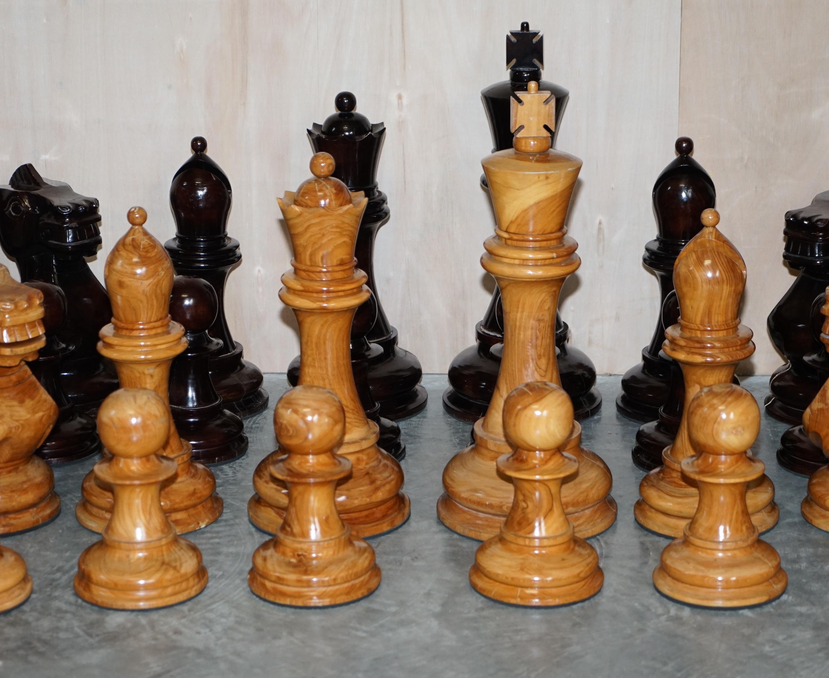 Country Giant Hand Carved Wood Chess Set Tallest Piece Beautiful Timber Patina