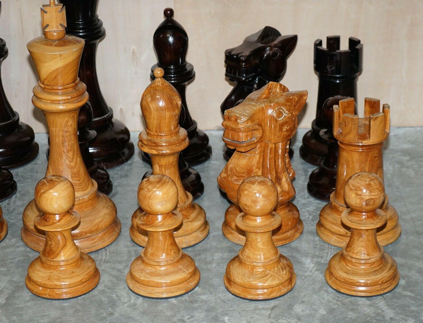 Giant Hand Carved Wood Chess Set Tallest Piece Beautiful Timber Patina For Sale 1