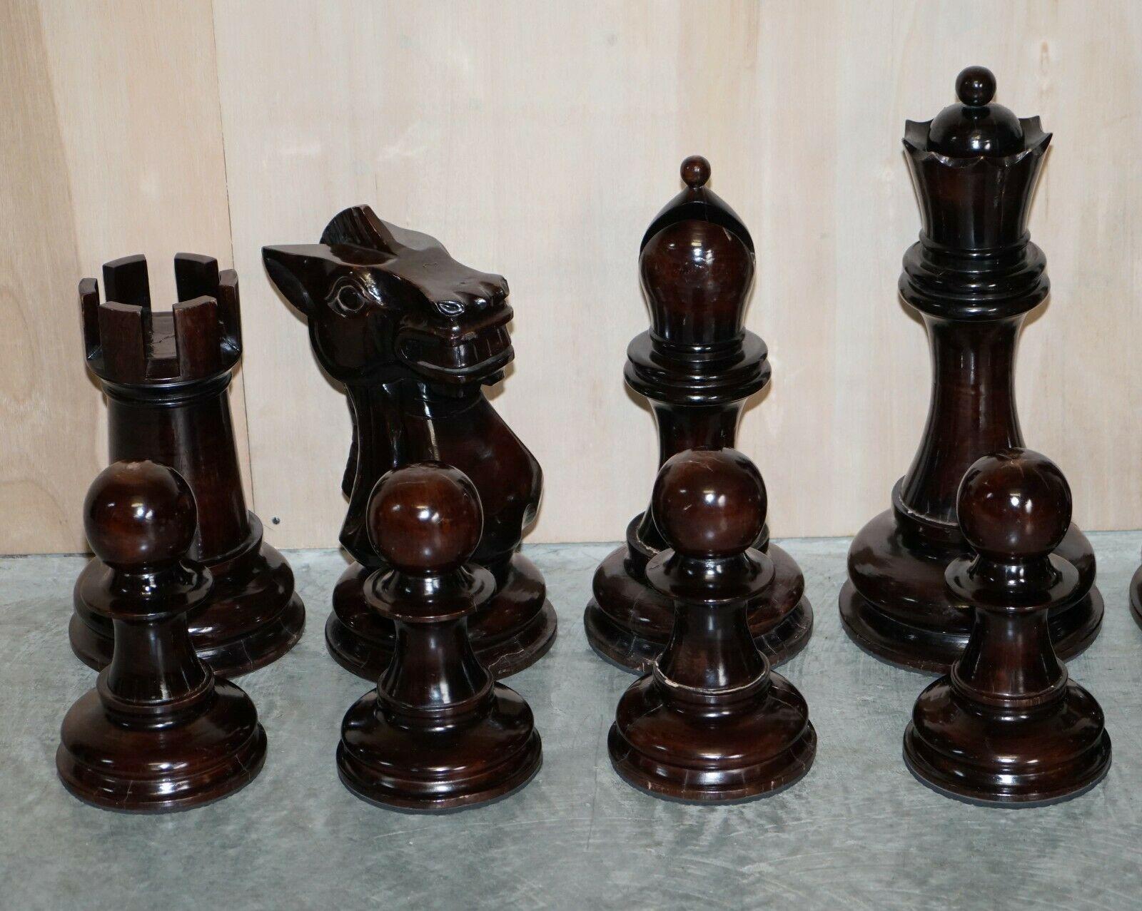 Country Giant Hand Carved Wood Chess Set Tallest Piece Beautiful Timber Patina For Sale