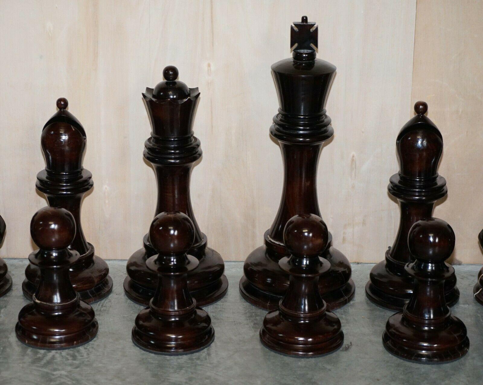 Hand-Carved Giant Hand Carved Wood Chess Set Tallest Piece Beautiful Timber Patina For Sale