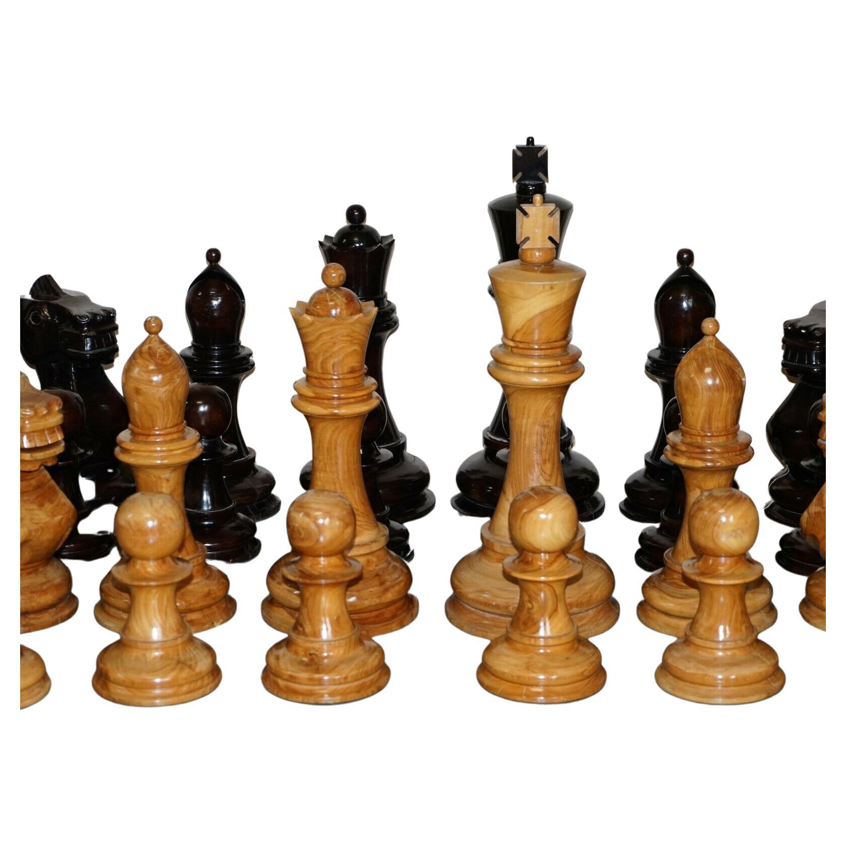 Giant Hand Carved Wood Chess Set Tallest Piece Beautiful Timber Patina
