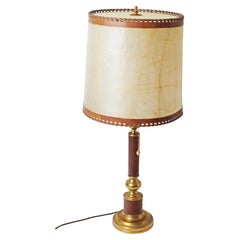 Giant Hollywood Regency Leather and Brass Table Lamp