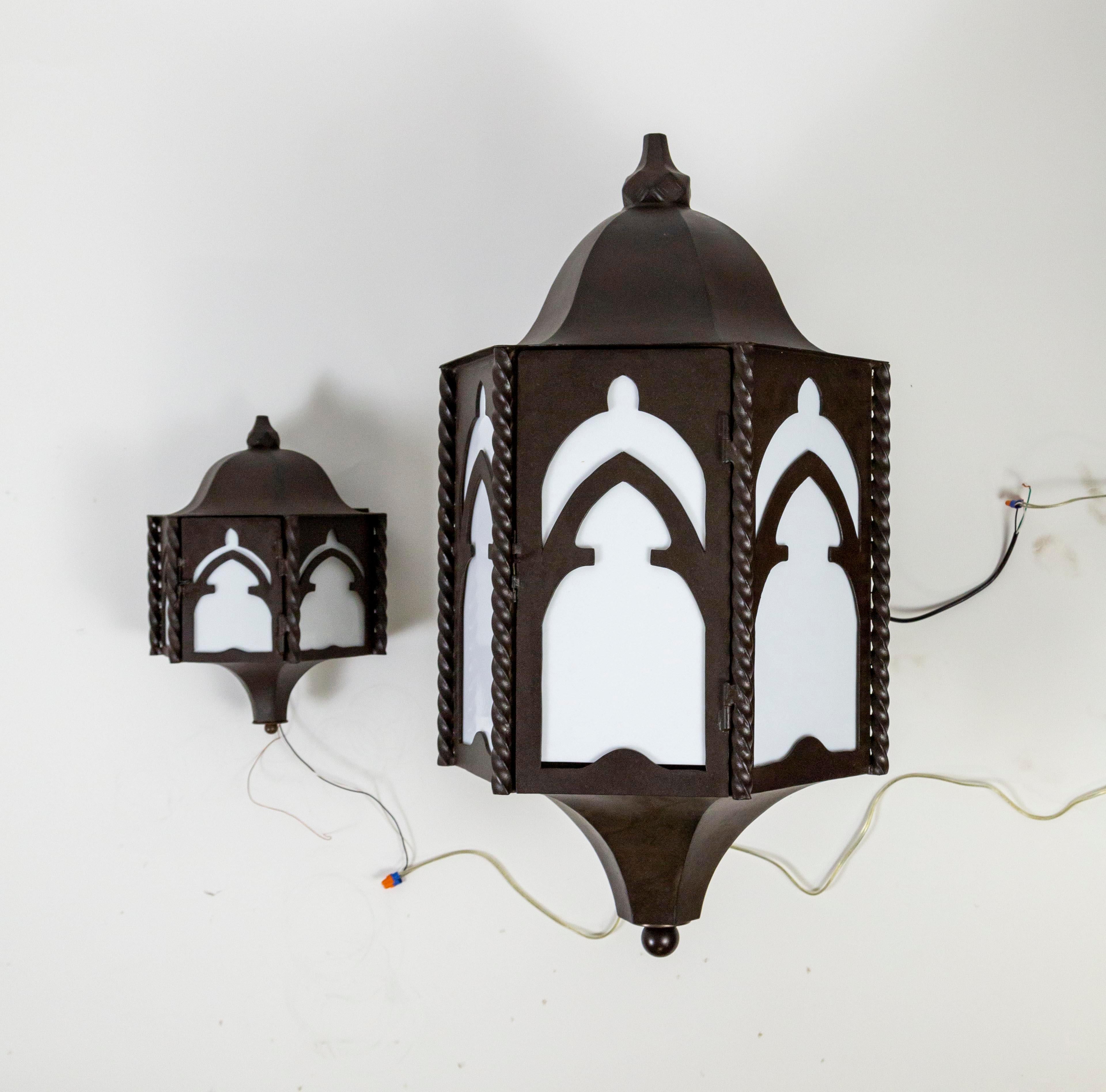 Giant Iron Gothic Arch Paul Ferrante Wall Lanterns w/ Milk Glass Panels 'Pair' For Sale 1