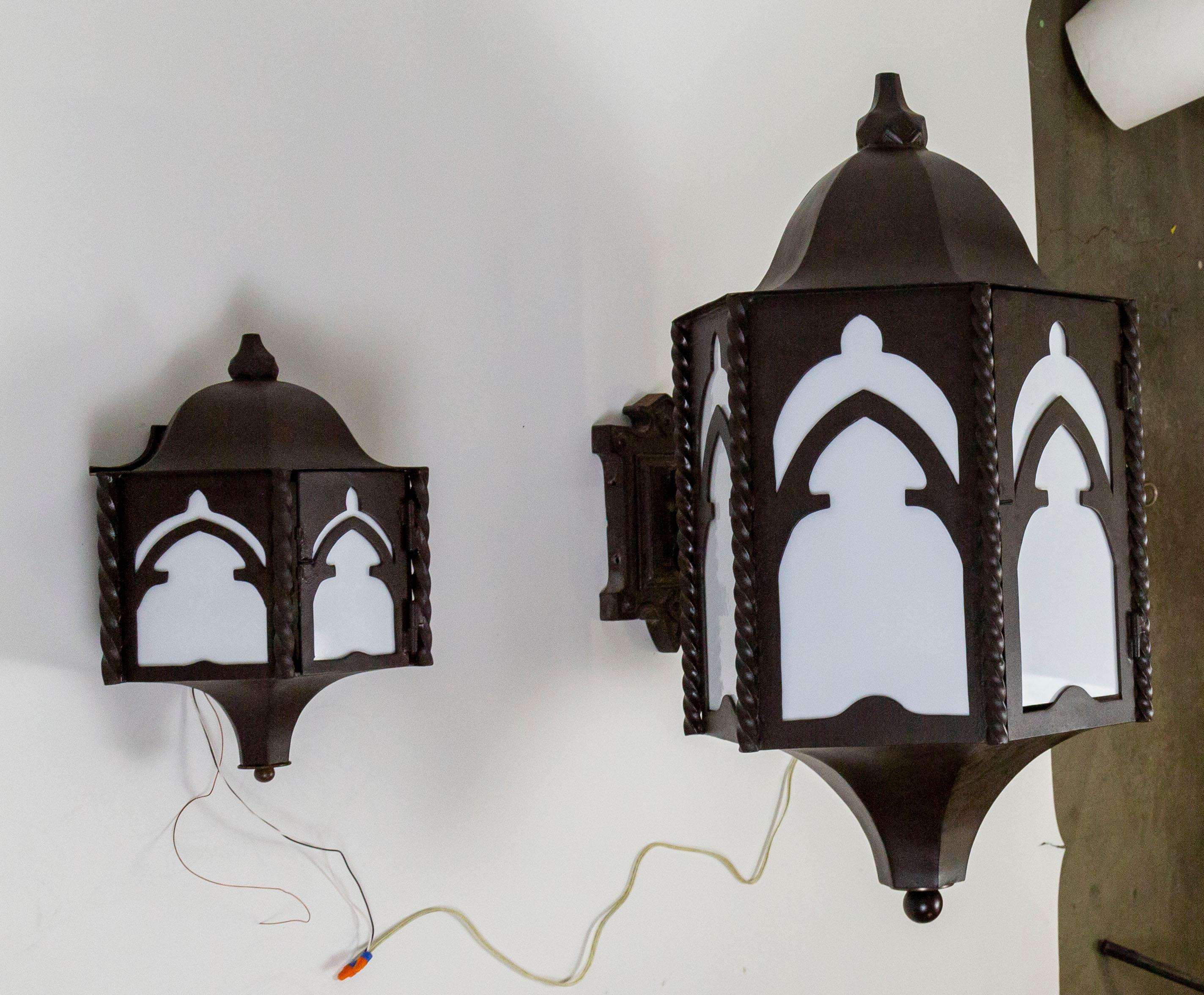 Giant Iron Gothic Arch Paul Ferrante Wall Lanterns w/ Milk Glass Panels 'Pair' For Sale 5