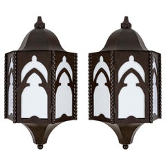 Vintage Giant Iron Gothic Arch Paul Ferrante Wall Lanterns w/ Milk Glass Panels 'Pair'