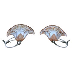 Giant Italian Pair Flower Wall Sconces in Silver Leaf and Metal, 1970s Design