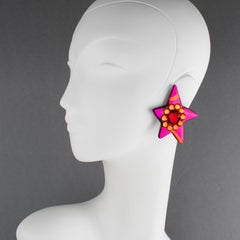 Giant Jeweled Star Lucite Clip Earrings in Hot Pink and Flame Orange