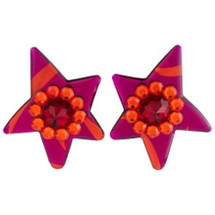 Giant Jeweled Star Lucite Clip Earrings in Hot Pink and Flame Orange