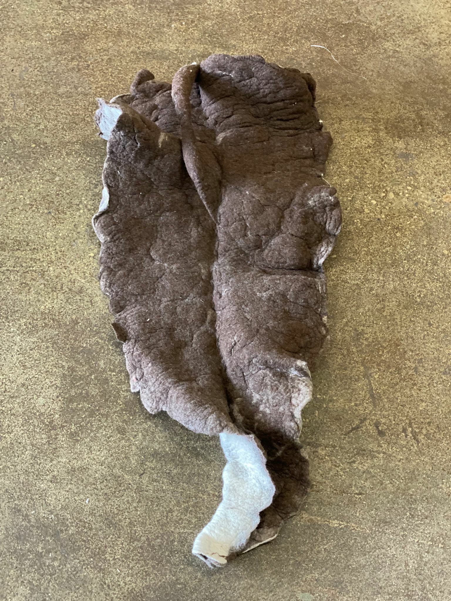Feuille géante, sculpture en laine feutrée teinte naturellement par Inês Schertel, Brésil, 2019.