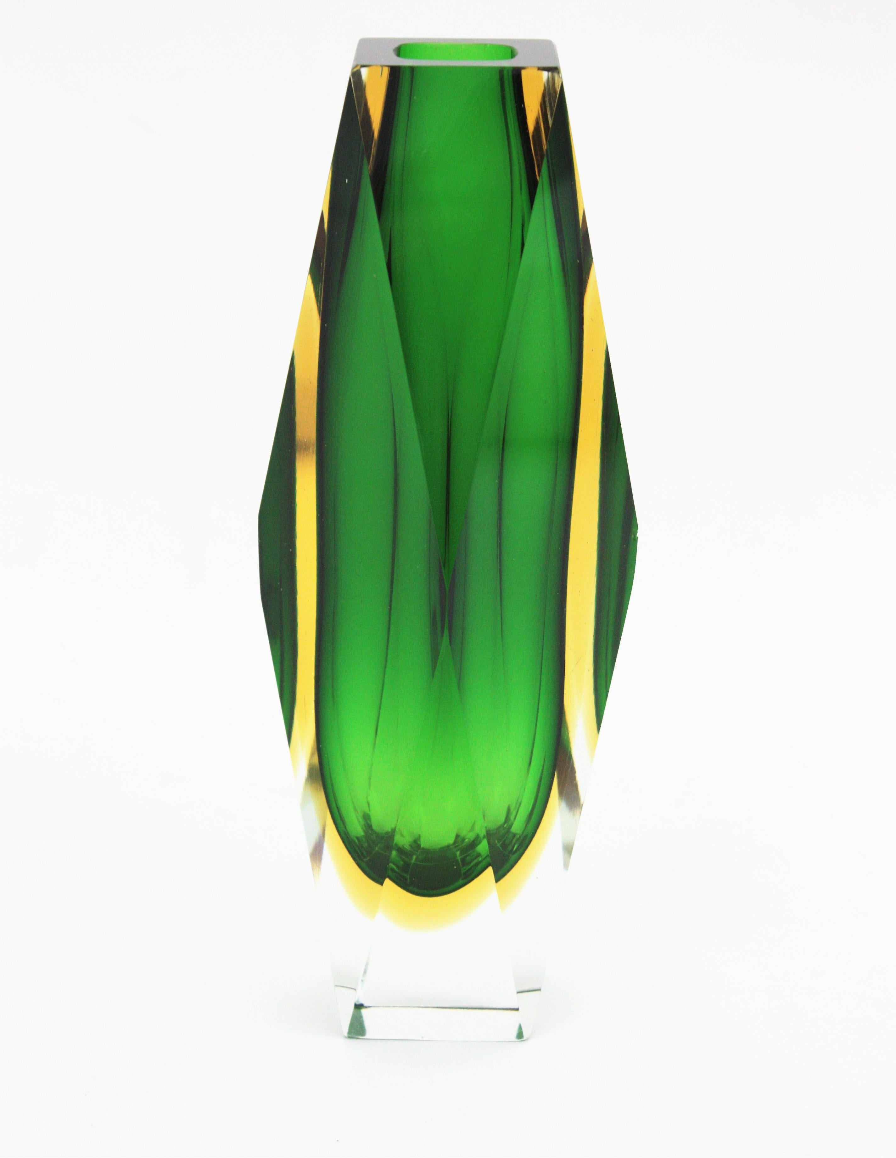 Mid-Century Modern Giant Mandruzzato Murano Sommerso Green Yellow Faceted Art Glass Vase For Sale