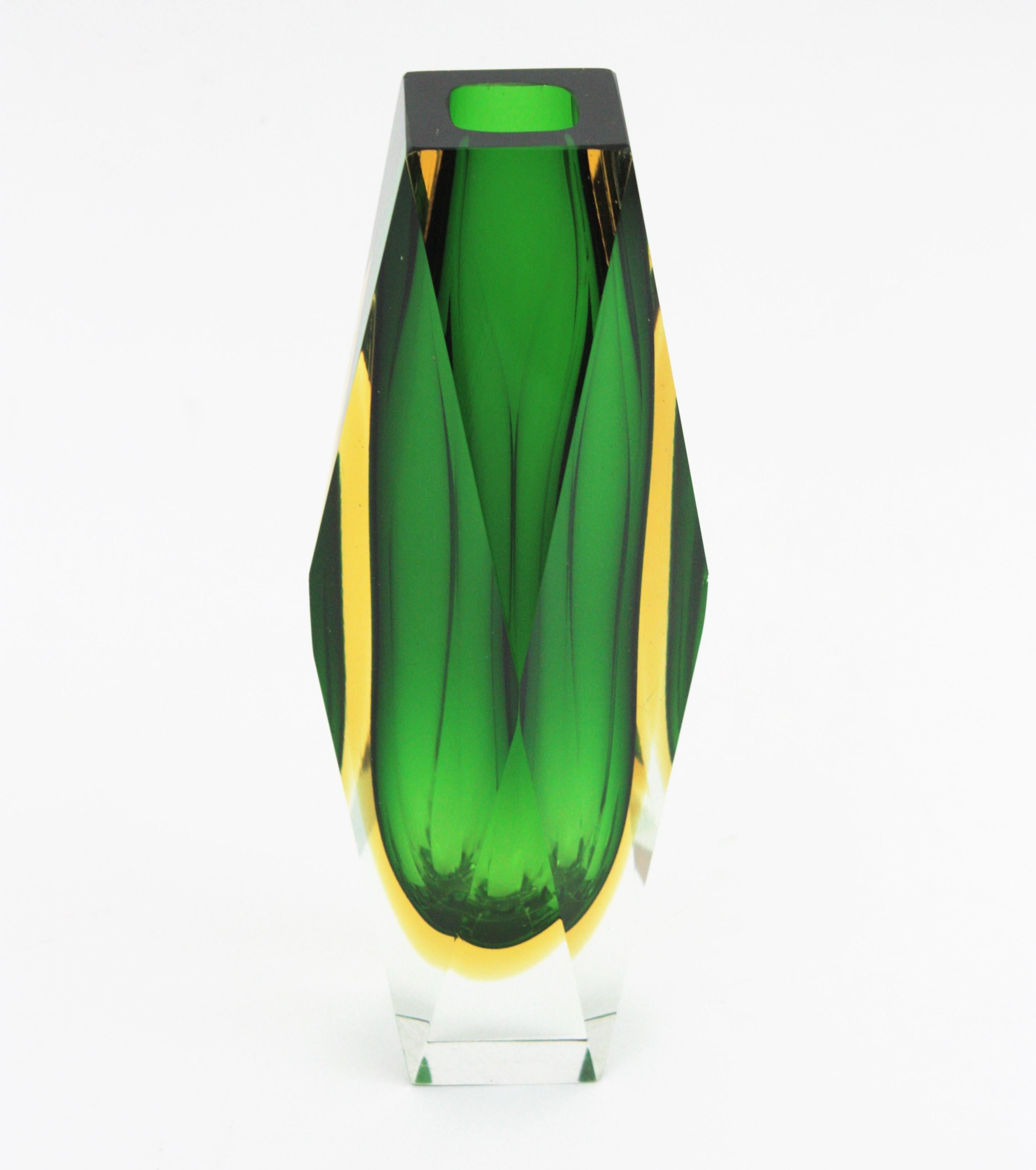 Hand-Crafted Giant Mandruzzato Murano Sommerso Green Yellow Faceted Art Glass Vase For Sale