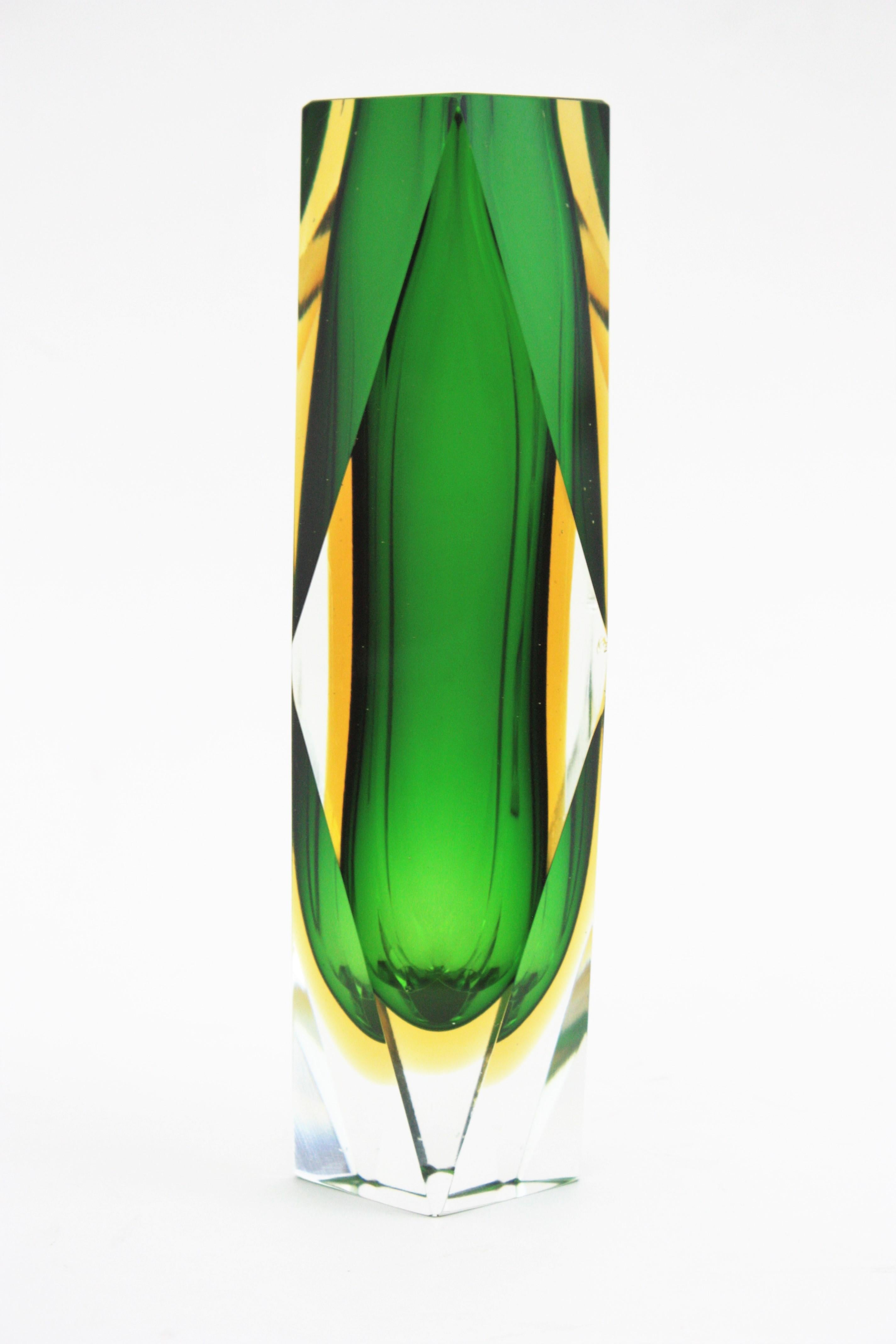 20th Century Giant Mandruzzato Murano Sommerso Green Yellow Faceted Art Glass Vase For Sale