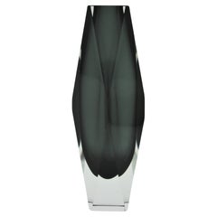 Giant Mandruzzato Murano Sommerso Smoked Grey Clear Faceted Art Glass Vase