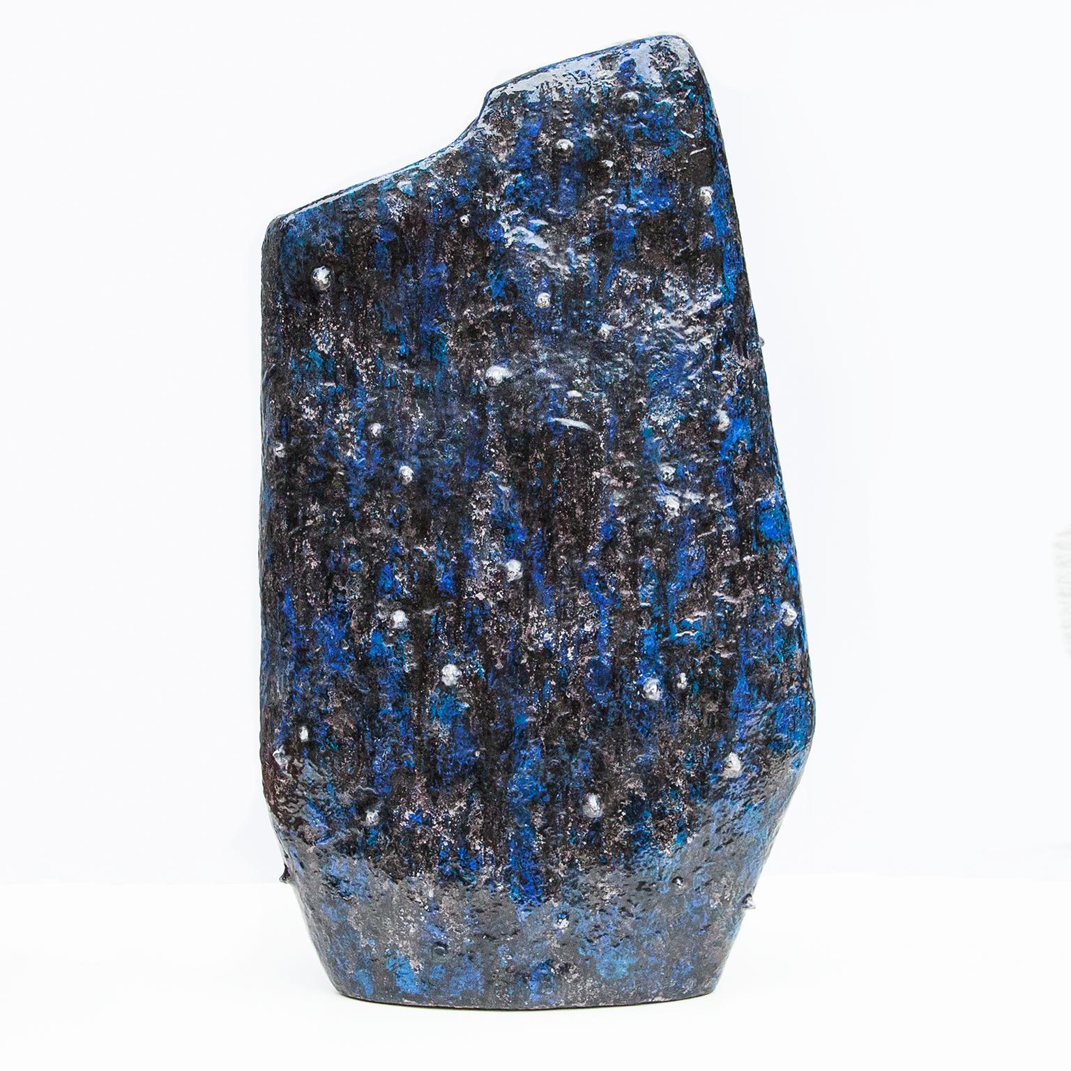 Stoneware Giant Marcello Fantoni Blue Ceramic Vase Object 1955 For Sale