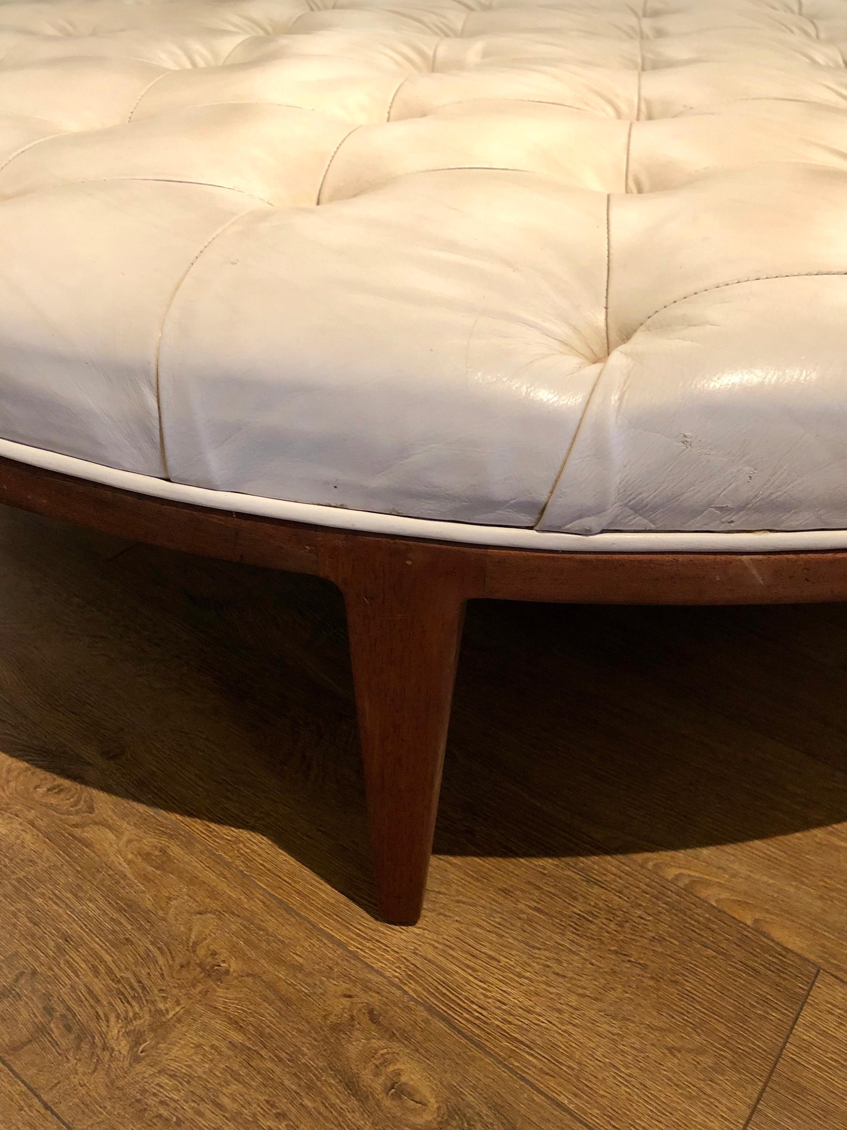 Mid-Century Modern Giant Massive Tufted Midcentury Walnut and Leather Ottoman-Coffee Table