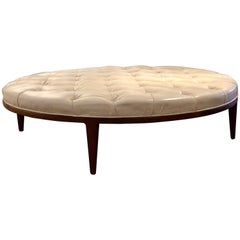 Giant Massive Tufted Midcentury Walnut and Leather Ottoman-Coffee Table