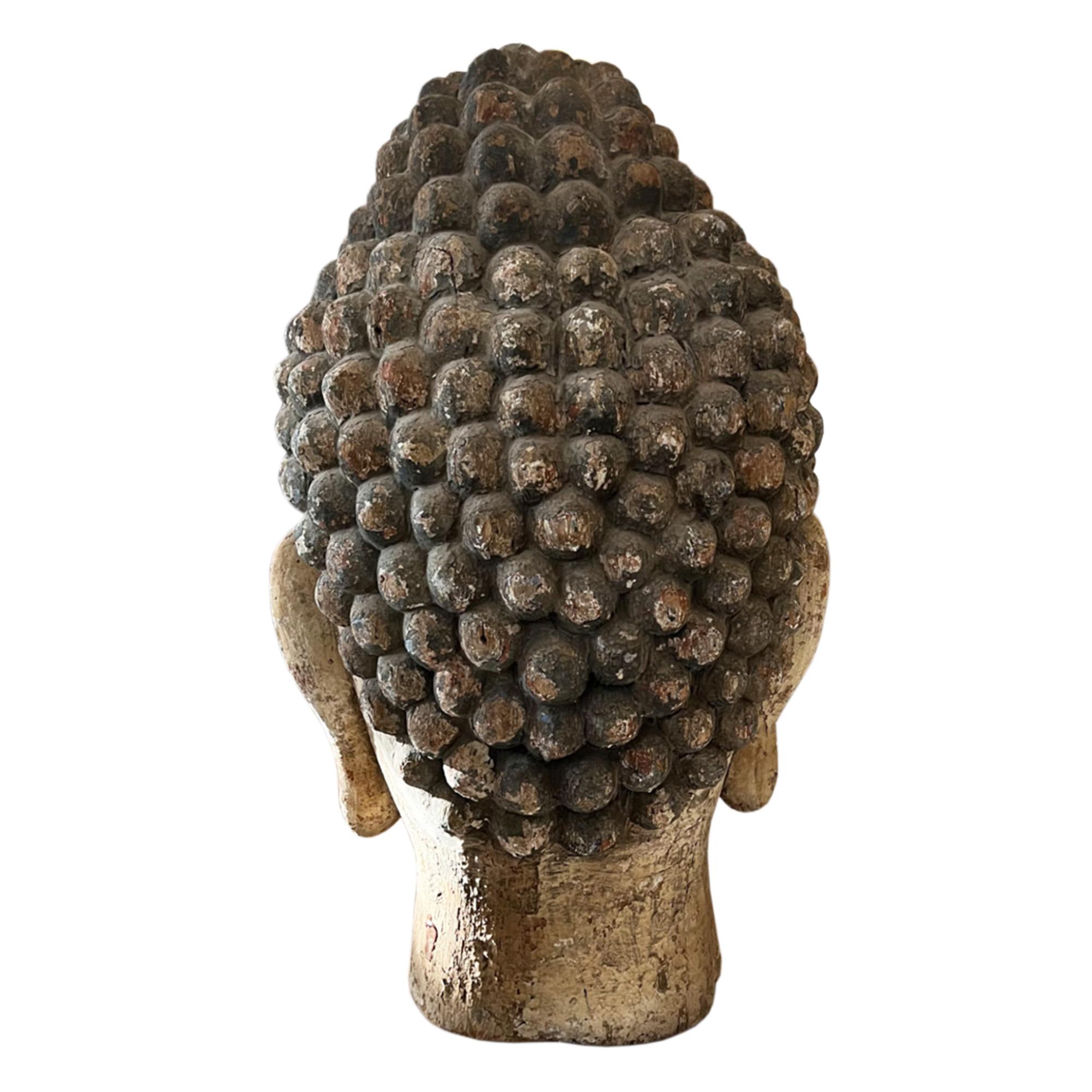 Hand-Carved Giant Mid Century Wooden Buddha Head