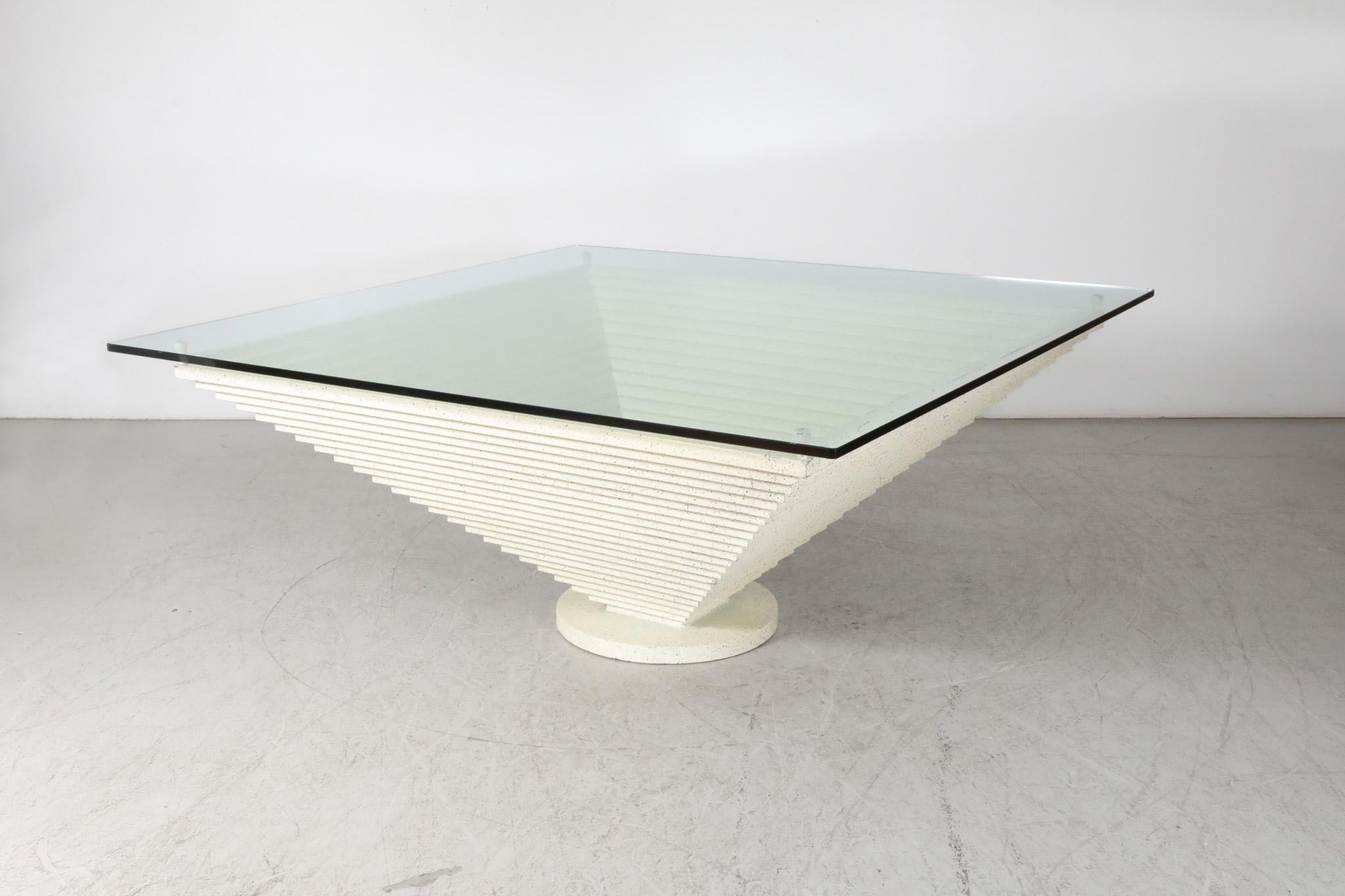 European Giant Modernist Memphis Speckled Cream & Black Pyramid Table w/ Glass Top, 1980s For Sale
