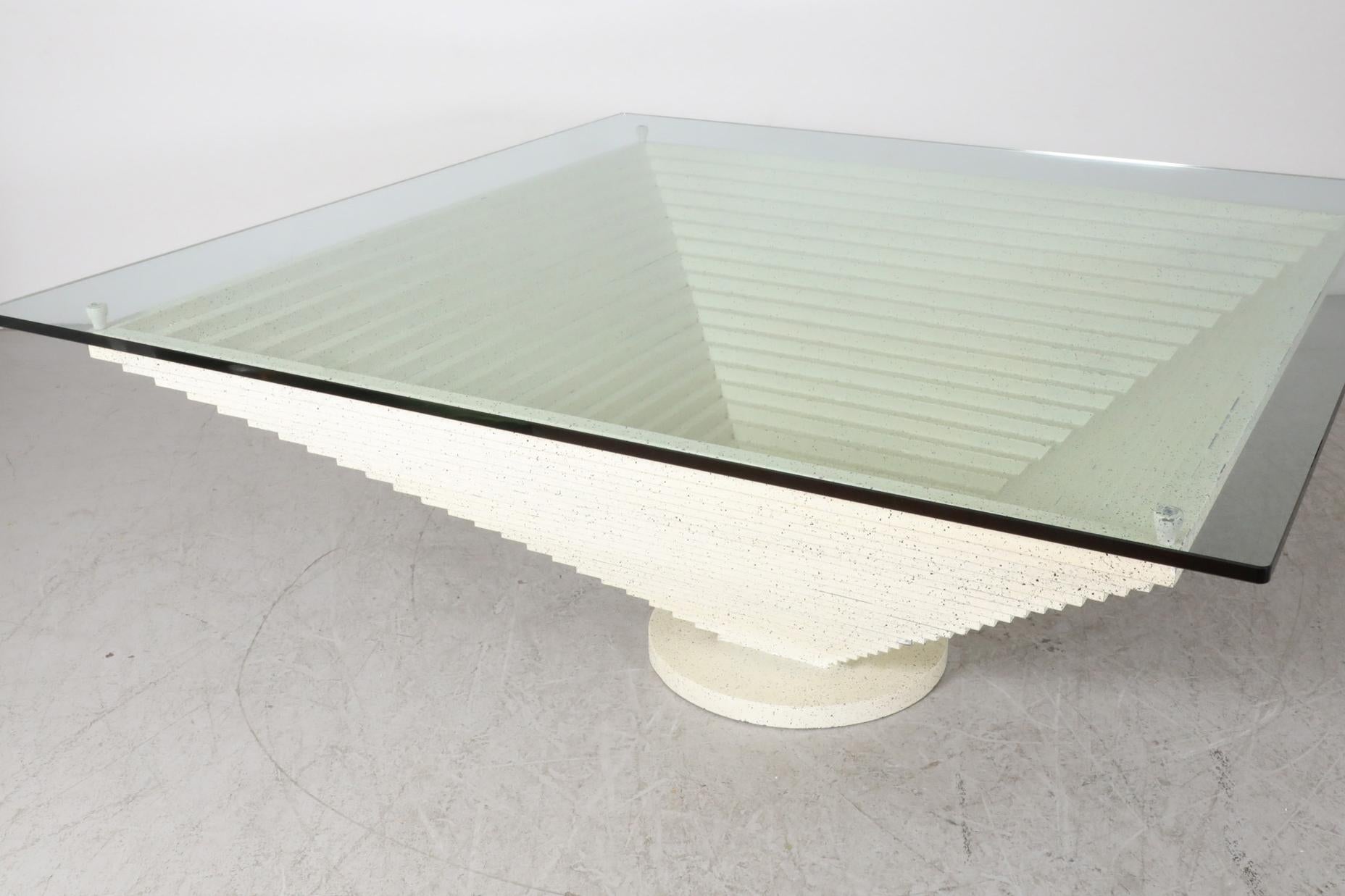 Enameled Giant Modernist Memphis Speckled Cream & Black Pyramid Table w/ Glass Top, 1980s For Sale