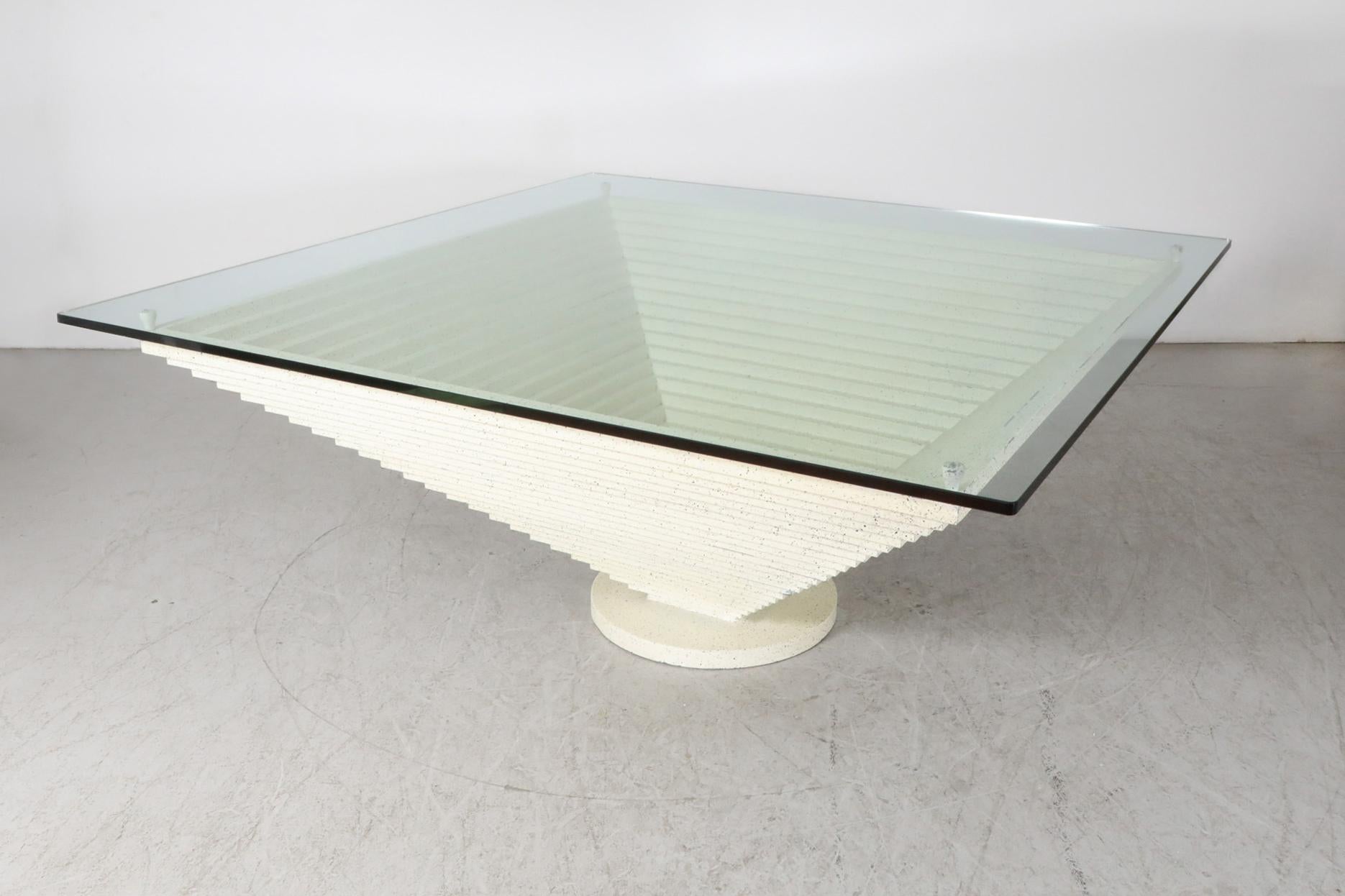 Giant Modernist Memphis Speckled Cream & Black Pyramid Table w/ Glass Top, 1980s In Good Condition For Sale In Los Angeles, CA