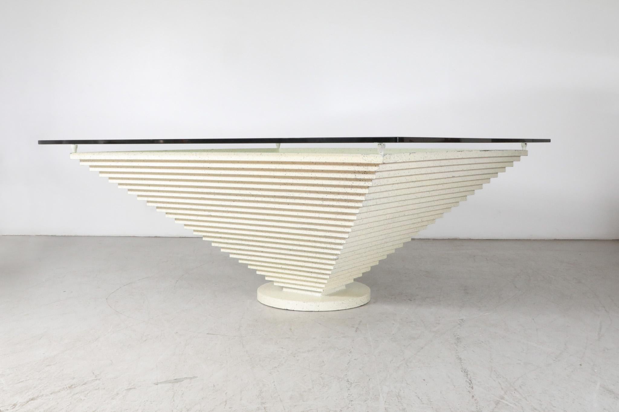 Late 20th Century Giant Modernist Memphis Speckled Cream & Black Pyramid Table w/ Glass Top, 1980s For Sale