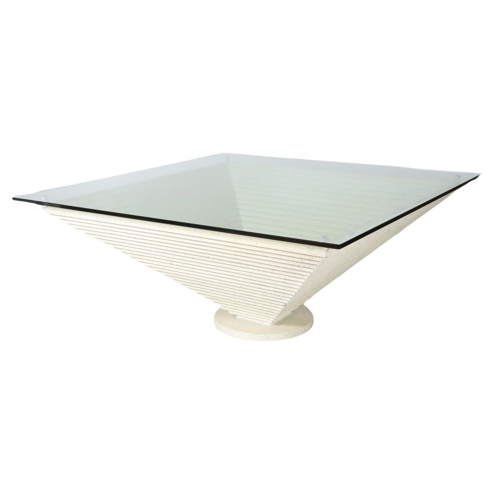 Giant Modernist Memphis Speckled Cream & Black Pyramid Table w/ Glass Top, 1980s For Sale