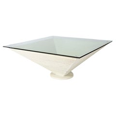 Vintage Giant Modernist Memphis Speckled Cream & Black Pyramid Table w/ Glass Top, 1980s